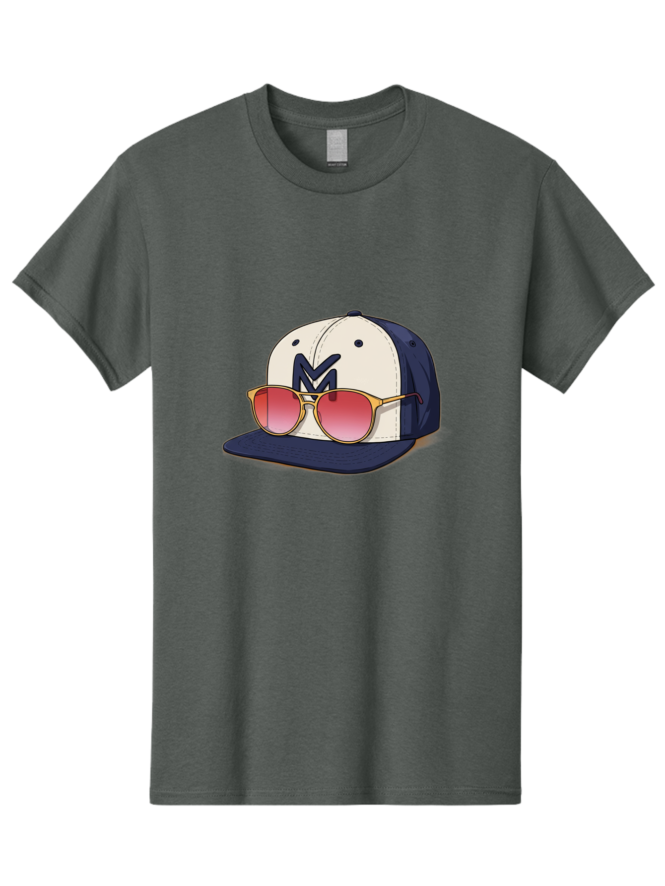 Baseball-Cap-With-Sunglasses Men'S Graphic Tee, 100% Cotton, Comfortable Casual Summer Wear, Machine Washable, Baseball Cap With Sunglasses, Cool Accessories, Stylish Hat, Trendy Eyewear, Gold Frames, Red Lenses, Navy Blue And White Colors, Bac617 7