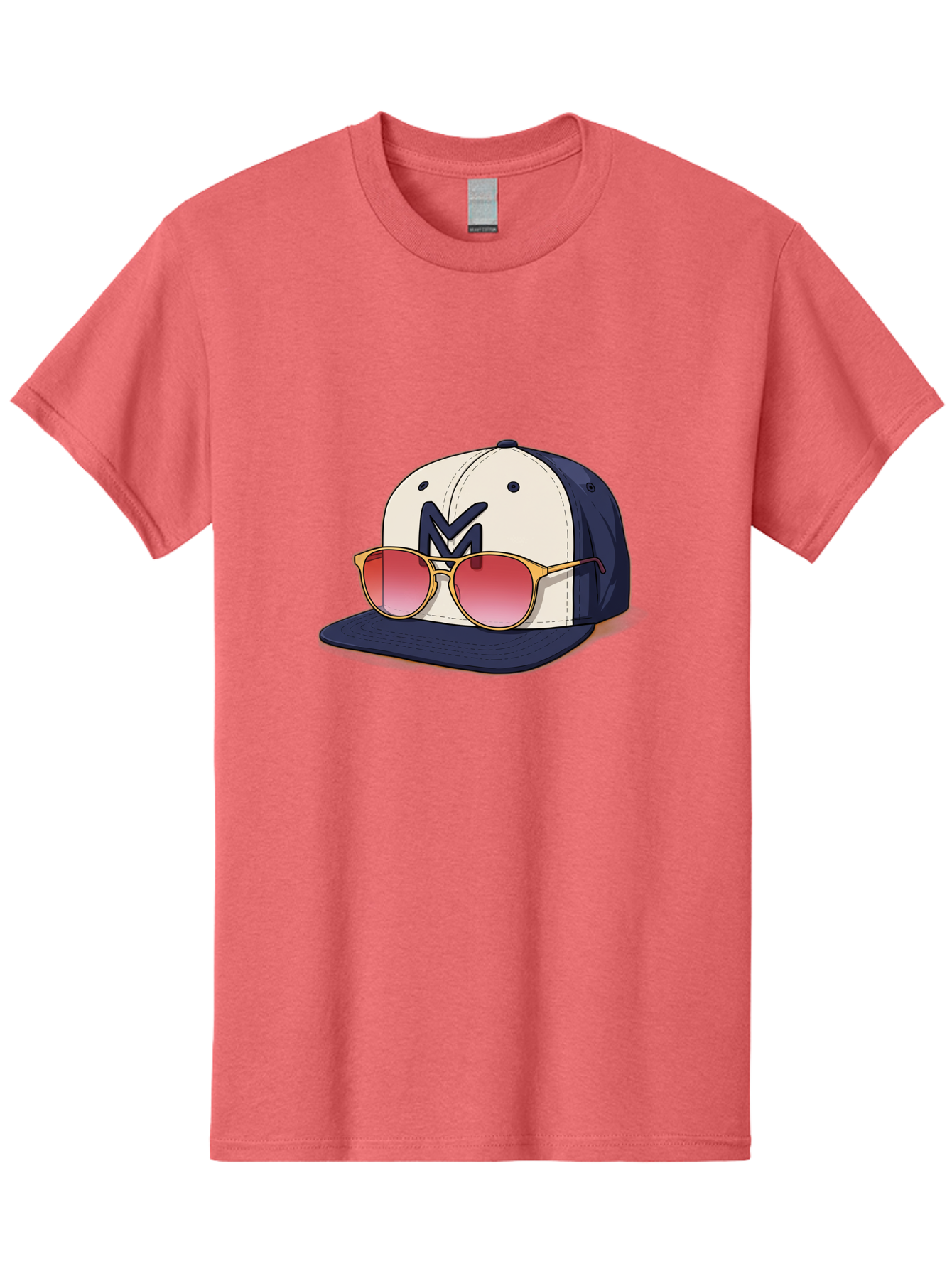 Baseball-Cap-With-Sunglasses Men'S Graphic Tee, 100% Cotton, Comfortable Casual Summer Wear, Machine Washable, Baseball Cap With Sunglasses, Cool Accessories, Stylish Hat, Trendy Eyewear, Gold Frames, Red Lenses, Navy Blue And White Colors, Bac617 12
