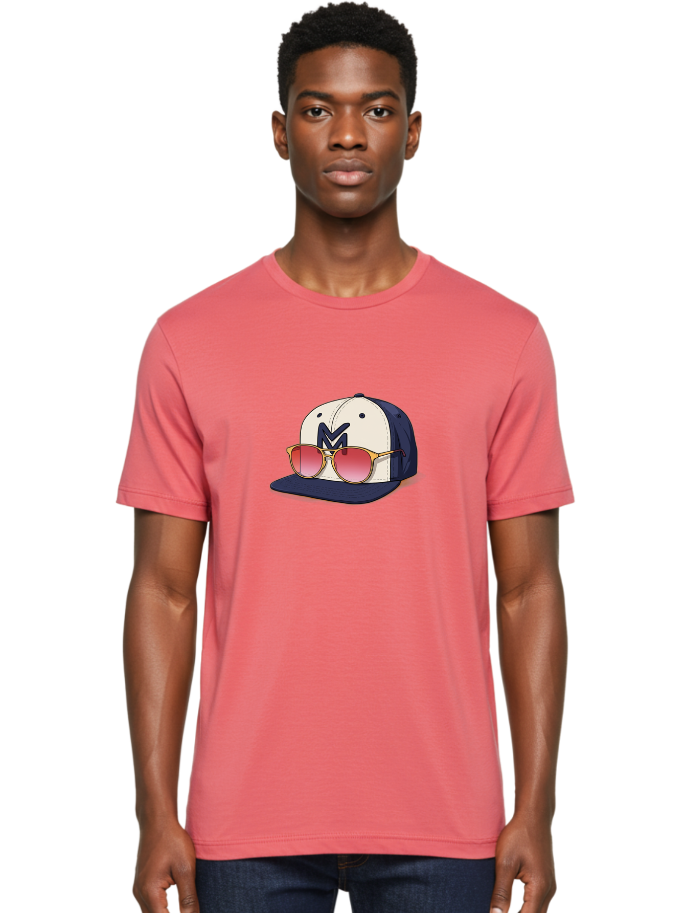 Baseball-Cap-With-Sunglasses Men'S Graphic Tee, 100% Cotton, Comfortable Casual Summer Wear, Machine Washable, Baseball Cap With Sunglasses, Cool Accessories, Stylish Hat, Trendy Eyewear, Gold Frames, Red Lenses, Navy Blue And White Colors, Bac617 27