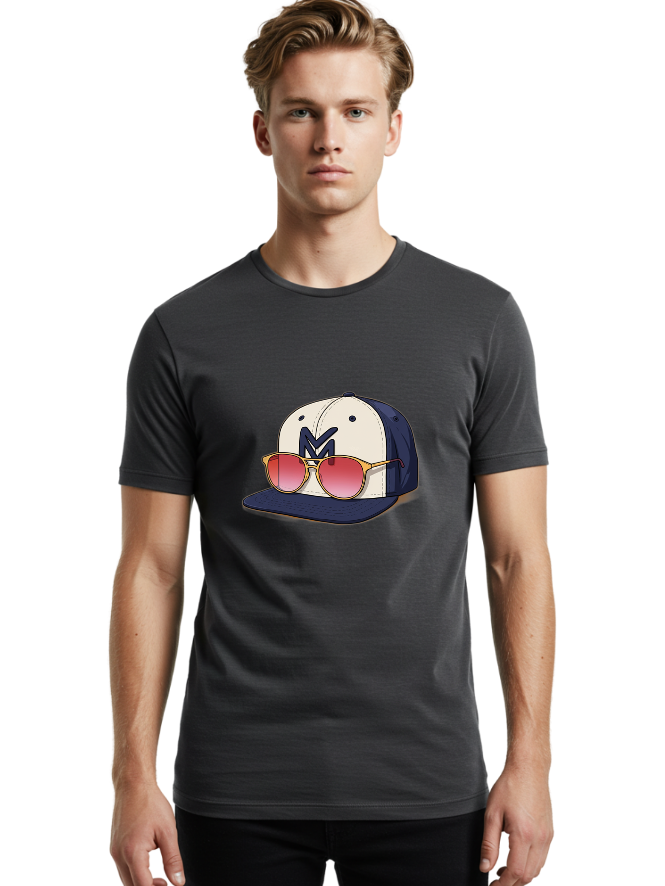 Baseball-Cap-With-Sunglasses Men'S Graphic Tee, 100% Cotton, Comfortable Casual Summer Wear, Machine Washable, Baseball Cap With Sunglasses, Cool Accessories, Stylish Hat, Trendy Eyewear, Gold Frames, Red Lenses, Navy Blue And White Colors, Bac617 24
