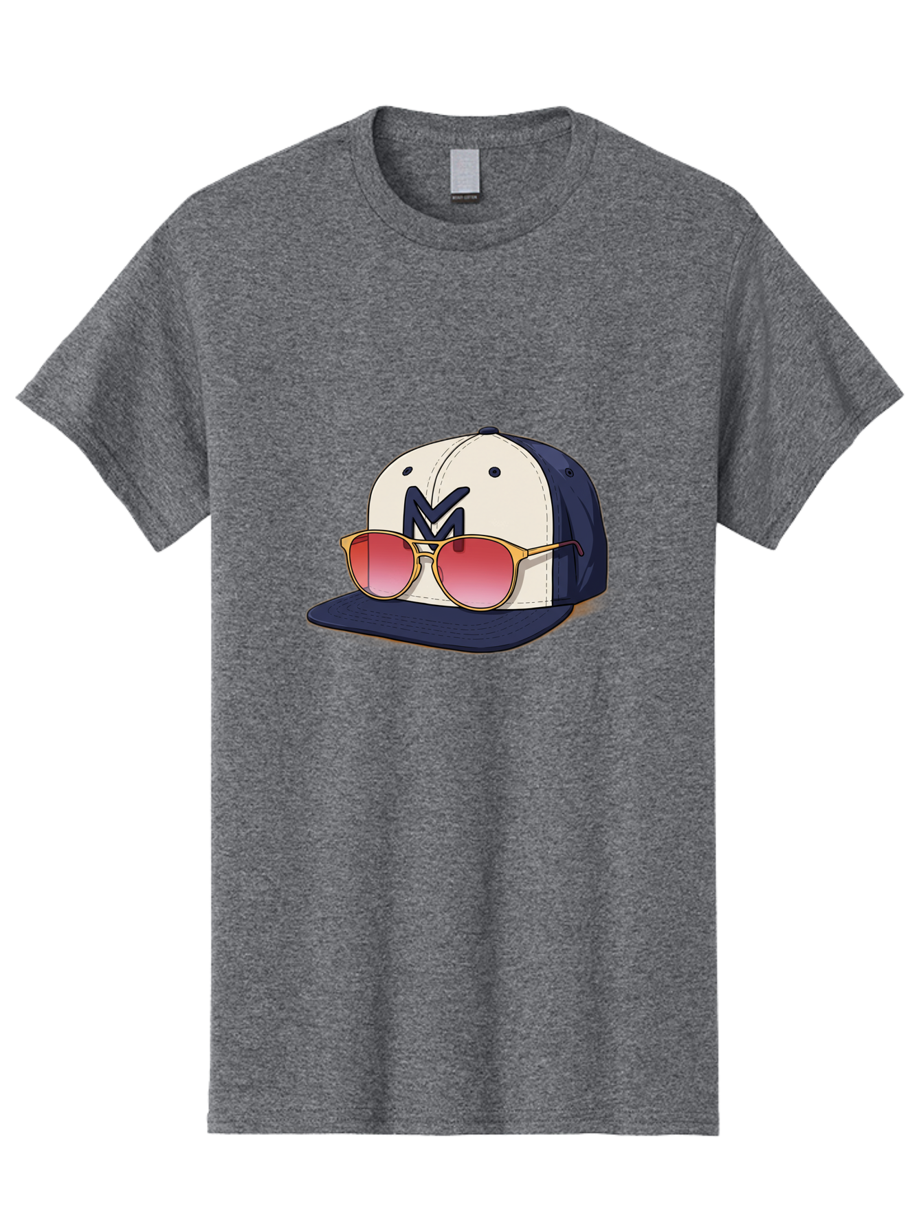 Baseball-Cap-With-Sunglasses Men'S Graphic Tee, 100% Cotton, Comfortable Casual Summer Wear, Machine Washable, Baseball Cap With Sunglasses, Cool Accessories, Stylish Hat, Trendy Eyewear, Gold Frames, Red Lenses, Navy Blue And White Colors, Bac617 14