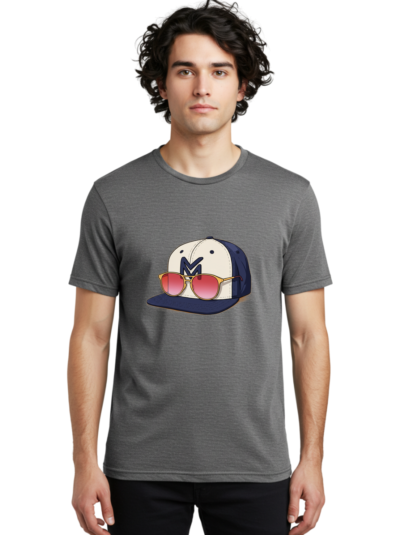 Baseball-Cap-With-Sunglasses Men'S Graphic Tee, 100% Cotton, Comfortable Casual Summer Wear, Machine Washable, Baseball Cap With Sunglasses, Cool Accessories, Stylish Hat, Trendy Eyewear, Gold Frames, Red Lenses, Navy Blue And White Colors, Bac617 29