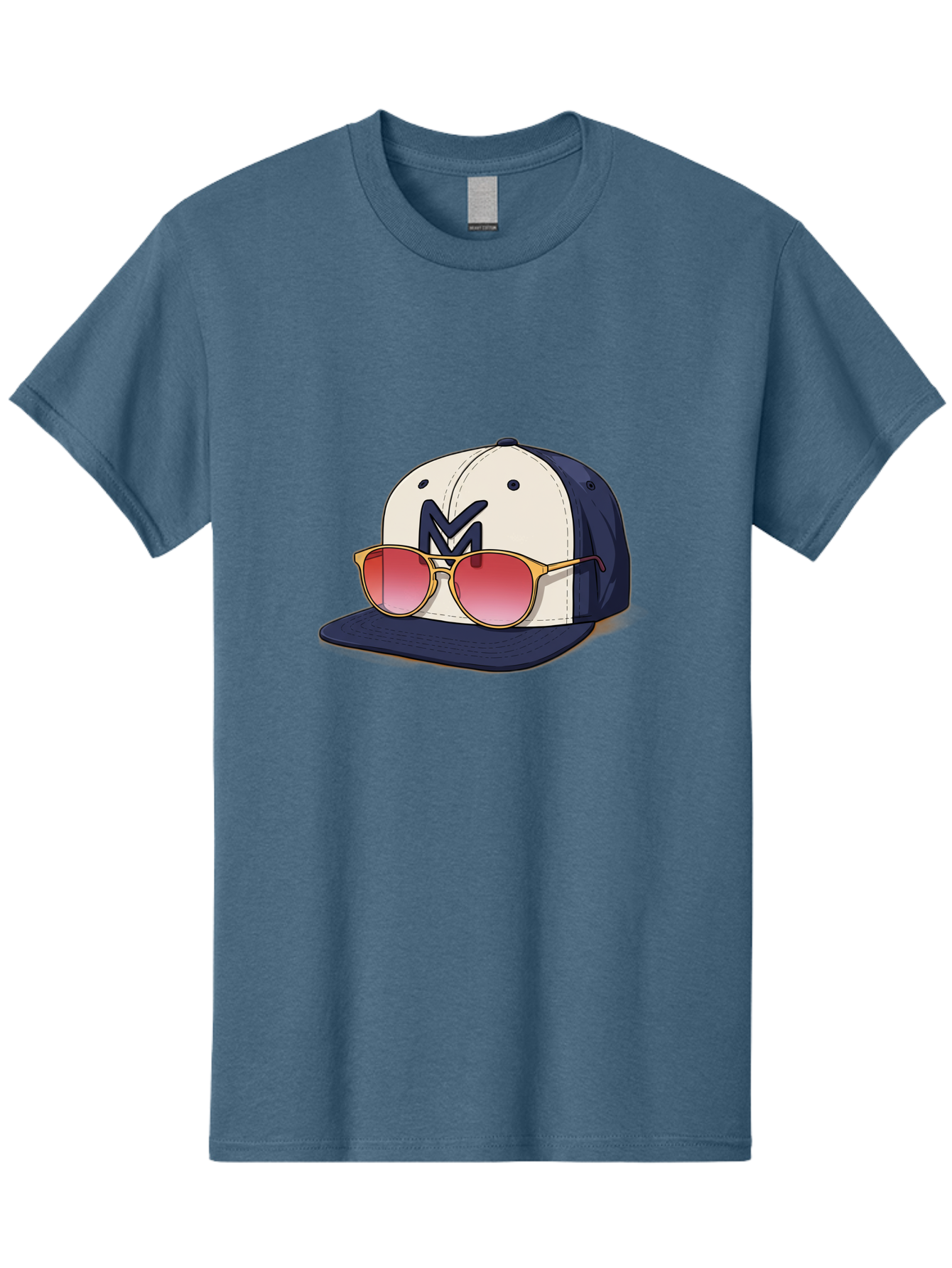 Baseball-Cap-With-Sunglasses Men'S Graphic Tee, 100% Cotton, Comfortable Casual Summer Wear, Machine Washable, Baseball Cap With Sunglasses, Cool Accessories, Stylish Hat, Trendy Eyewear, Gold Frames, Red Lenses, Navy Blue And White Colors, Bac617 4
