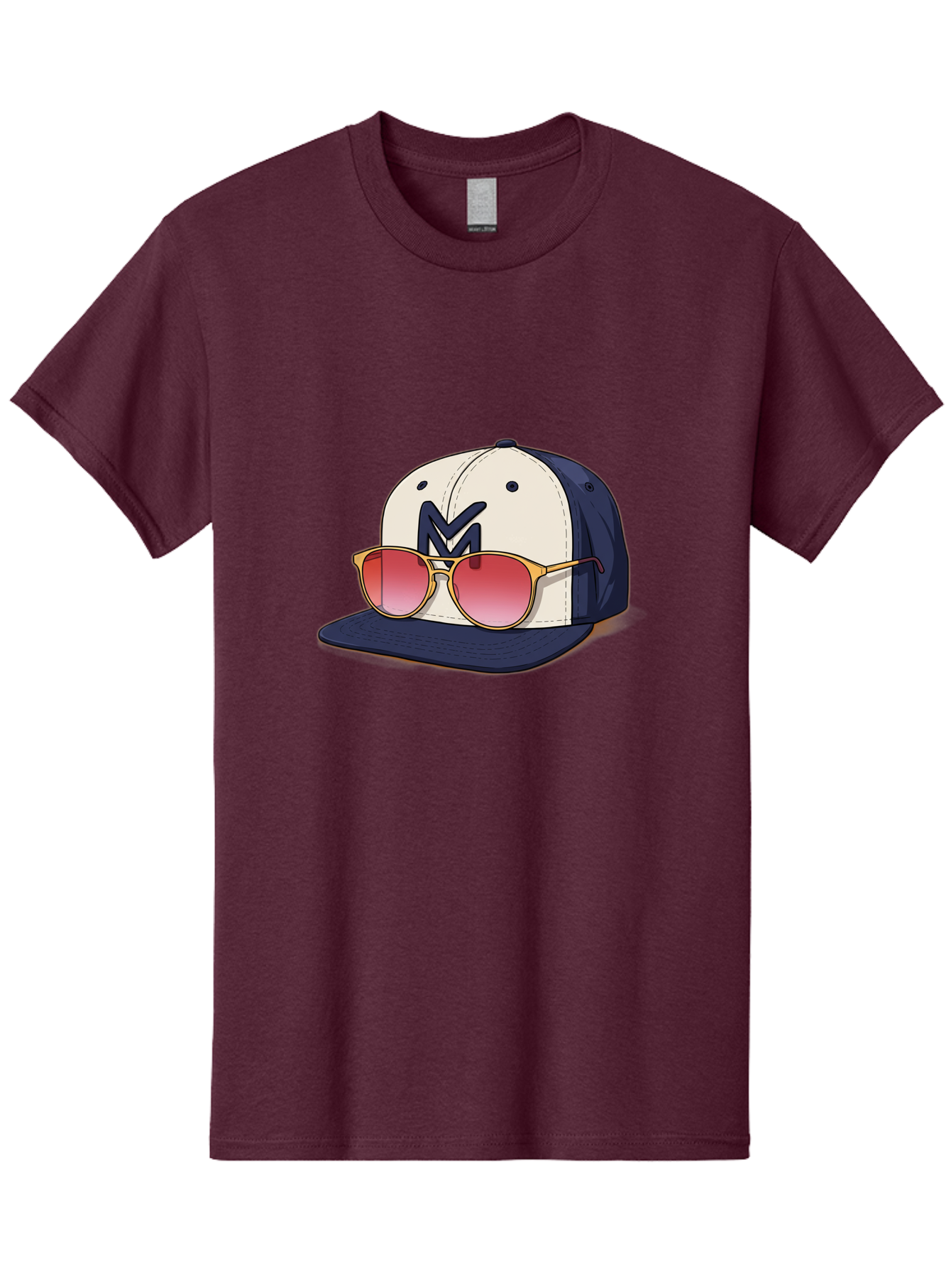 Baseball-Cap-With-Sunglasses Men'S Graphic Tee, 100% Cotton, Comfortable Casual Summer Wear, Machine Washable, Baseball Cap With Sunglasses, Cool Accessories, Stylish Hat, Trendy Eyewear, Gold Frames, Red Lenses, Navy Blue And White Colors, Bac617 6