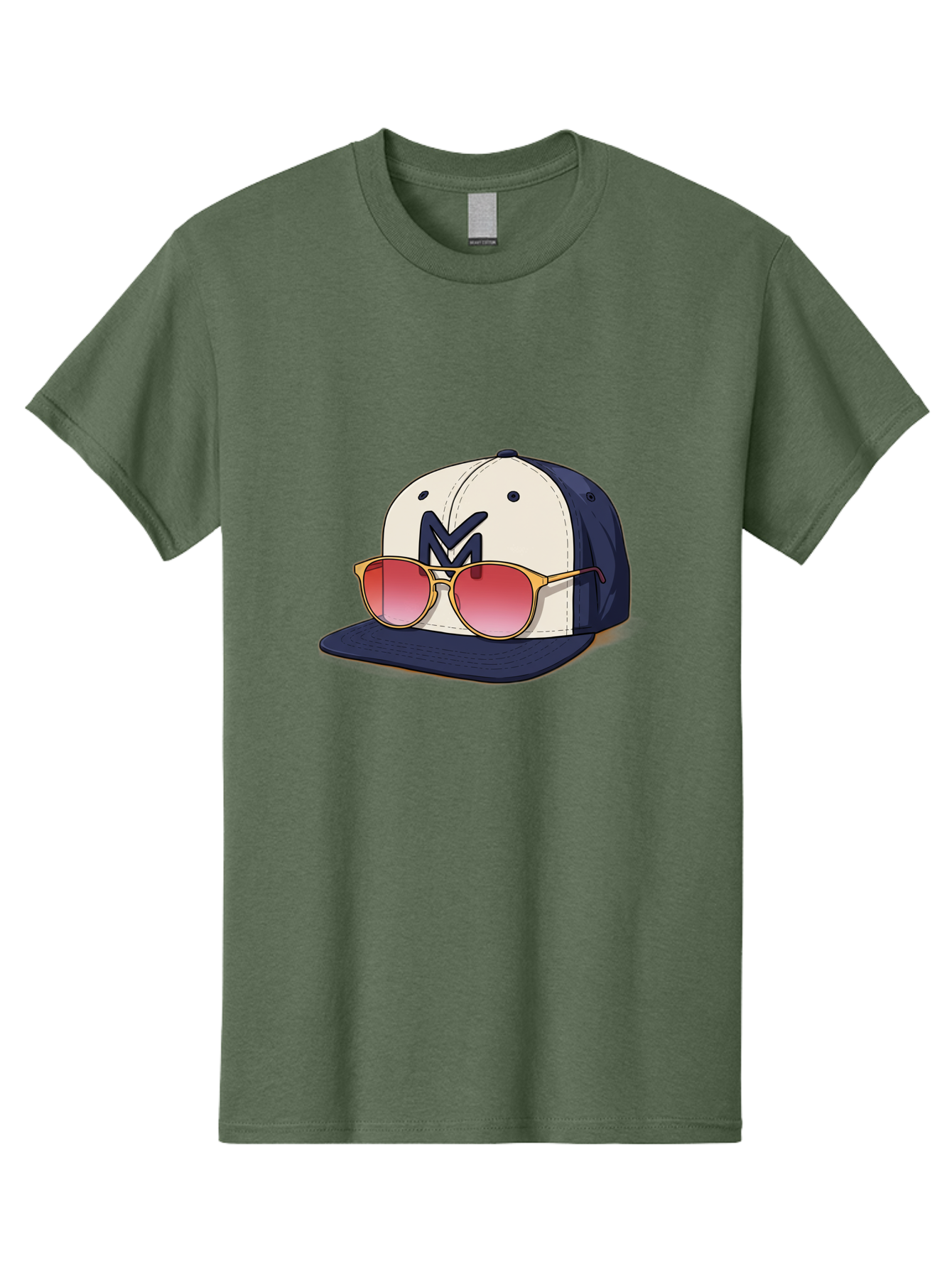Baseball-Cap-With-Sunglasses Men'S Graphic Tee, 100% Cotton, Comfortable Casual Summer Wear, Machine Washable, Baseball Cap With Sunglasses, Cool Accessories, Stylish Hat, Trendy Eyewear, Gold Frames, Red Lenses, Navy Blue And White Colors, Bac617 8