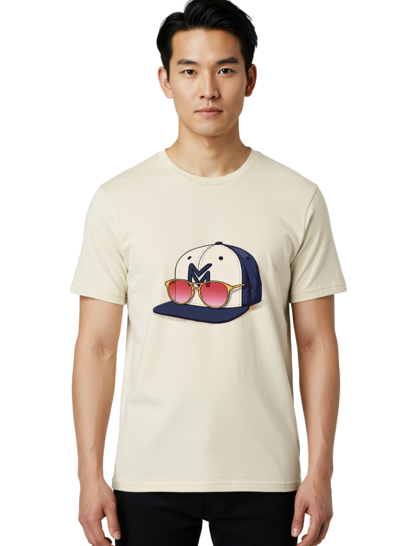 Baseball-Cap-With-Sunglasses Men'S Graphic Tee, 100% Cotton, Comfortable Casual Summer Wear, Machine Washable, Baseball Cap With Sunglasses, Cool Accessories, Stylish Hat, Trendy Eyewear, Gold Frames, Red Lenses, Navy Blue And White Colors, Bac617 30
