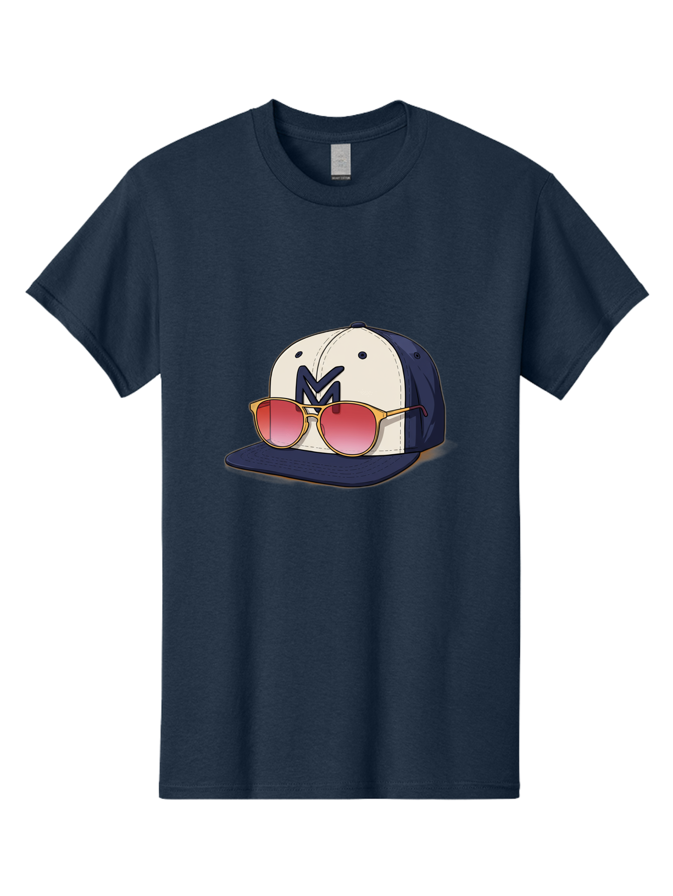 Baseball-Cap-With-Sunglasses Men'S Graphic Tee, 100% Cotton, Comfortable Casual Summer Wear, Machine Washable, Baseball Cap With Sunglasses, Cool Accessories, Stylish Hat, Trendy Eyewear, Gold Frames, Red Lenses, Navy Blue And White Colors, Bac617 11