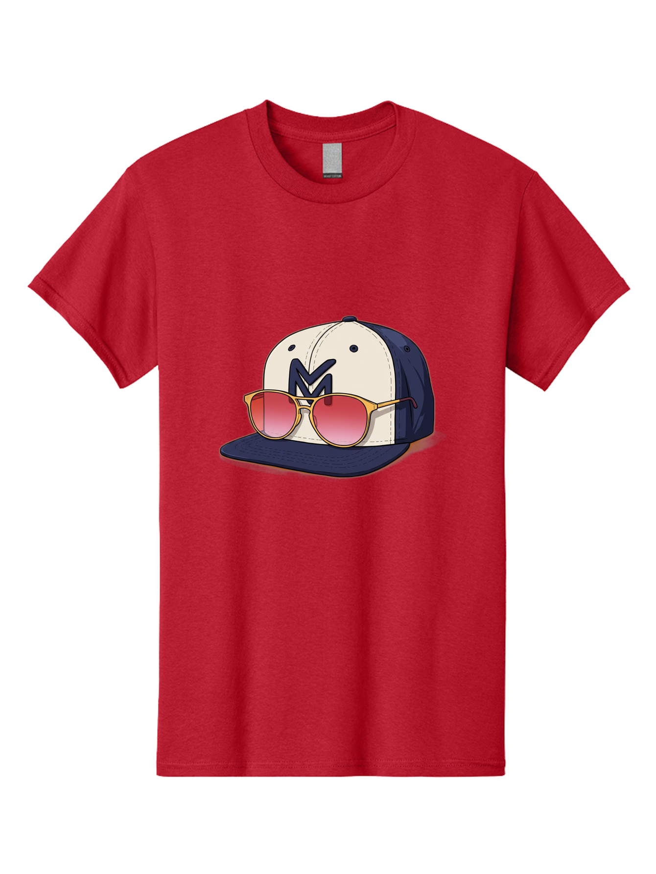 Baseball-Cap-With-Sunglasses Men'S Graphic Tee, 100% Cotton, Comfortable Casual Summer Wear, Machine Washable, Baseball Cap With Sunglasses, Cool Accessories, Stylish Hat, Trendy Eyewear, Gold Frames, Red Lenses, Navy Blue And White Colors, Bac617 10