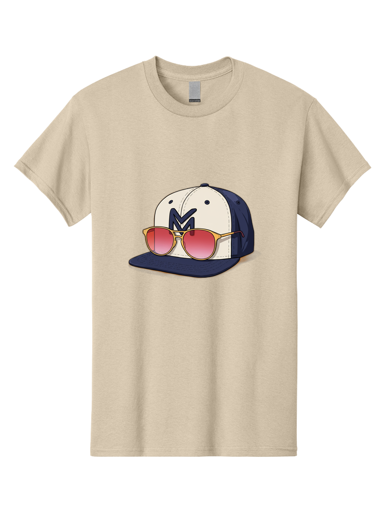 Baseball-Cap-With-Sunglasses Men'S Graphic Tee, 100% Cotton, Comfortable Casual Summer Wear, Machine Washable, Baseball Cap With Sunglasses, Cool Accessories, Stylish Hat, Trendy Eyewear, Gold Frames, Red Lenses, Navy Blue And White Colors, Bac617 3