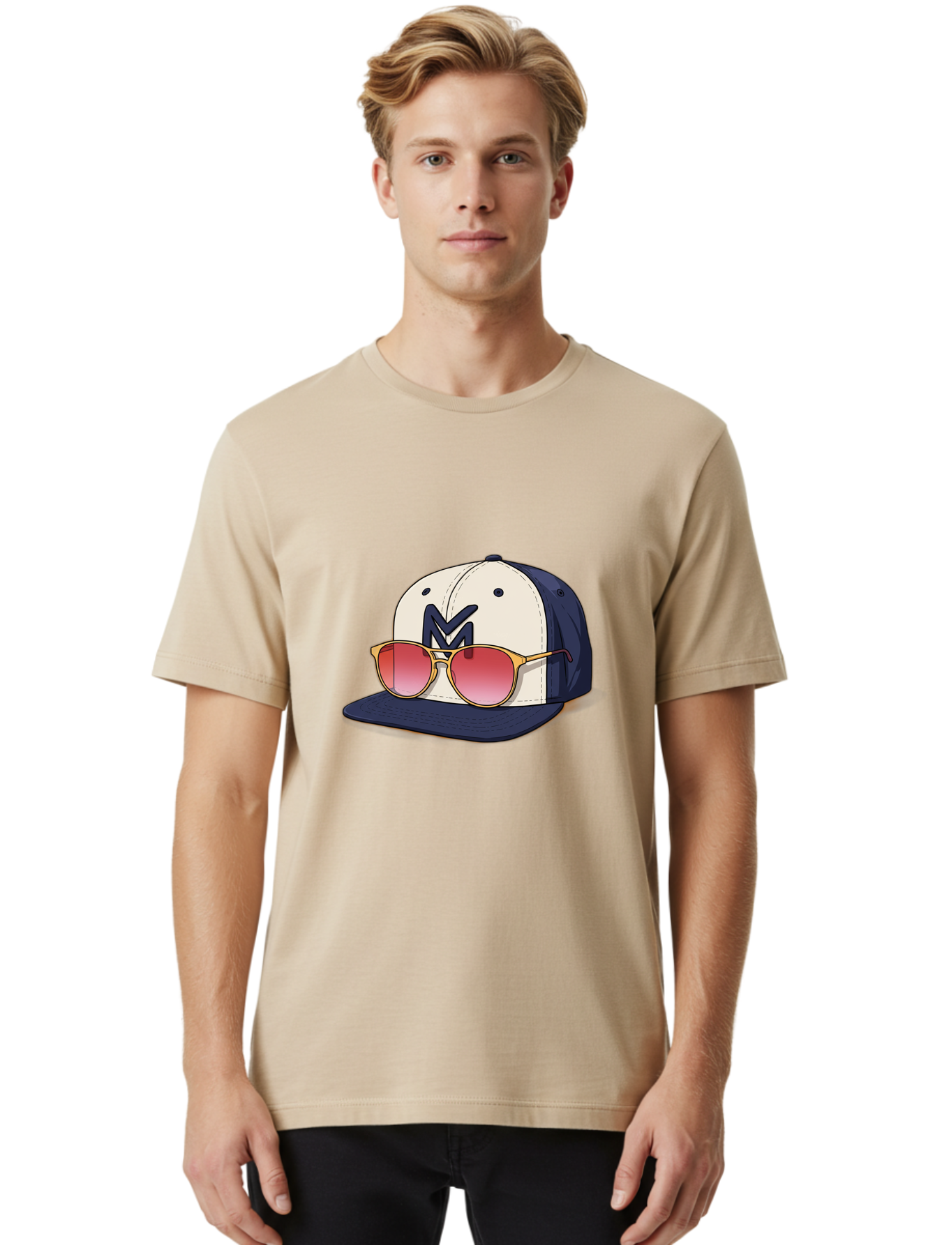 Baseball-Cap-With-Sunglasses Men'S Graphic Tee, 100% Cotton, Comfortable Casual Summer Wear, Machine Washable, Baseball Cap With Sunglasses, Cool Accessories, Stylish Hat, Trendy Eyewear, Gold Frames, Red Lenses, Navy Blue And White Colors, Bac617 18