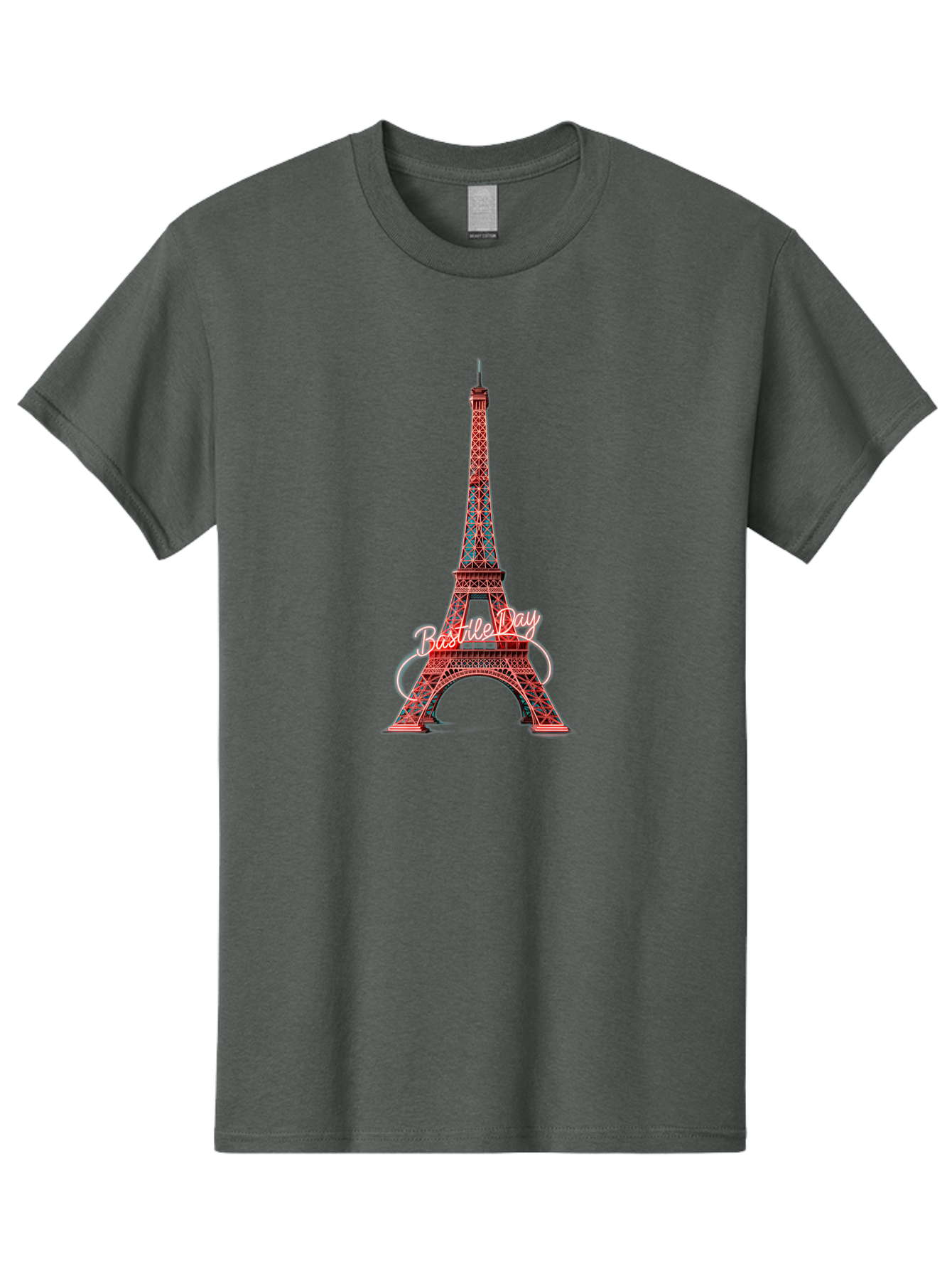 Bastille-Day-Eiffel-Tower Men'S Graphic Tee, 100% Cotton, Comfortable Casual Summer Wear, Machine Washable, Eiffel Tower, Red And Blue Lattice Design, Bastille Day, French Culture, Pink Cursive Text, White Swirls, Vibrant Colors, Bac619 3