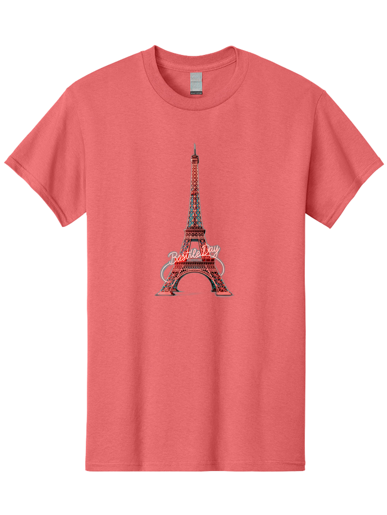 Bastille-Day-Eiffel-Tower Men'S Graphic Tee, 100% Cotton, Comfortable Casual Summer Wear, Machine Washable, Eiffel Tower, Red And Blue Lattice Design, Bastille Day, French Culture, Pink Cursive Text, White Swirls, Vibrant Colors, Bac619 10