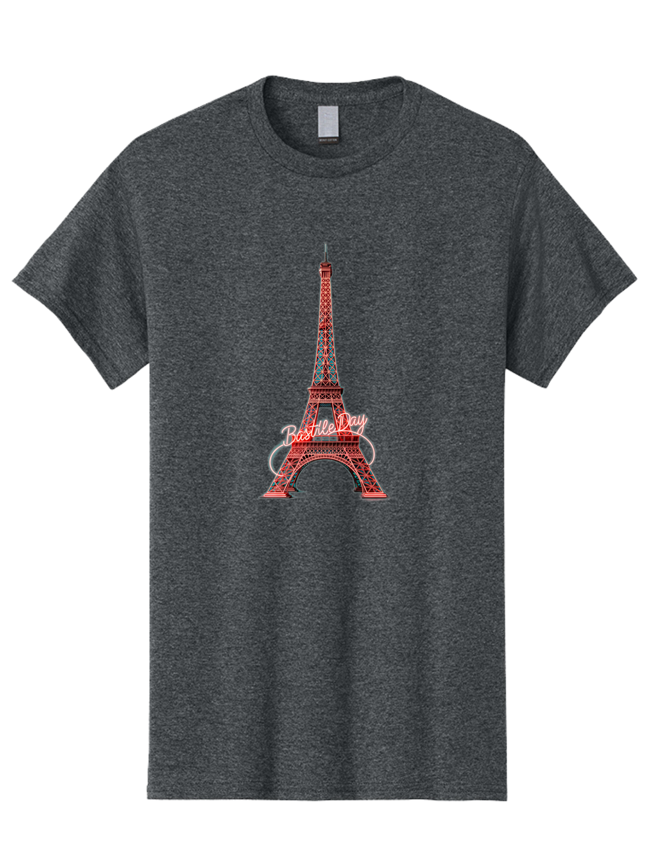 Bastille-Day-Eiffel-Tower Men'S Graphic Tee, 100% Cotton, Comfortable Casual Summer Wear, Machine Washable, Eiffel Tower, Red And Blue Lattice Design, Bastille Day, French Culture, Pink Cursive Text, White Swirls, Vibrant Colors, Bac619 9