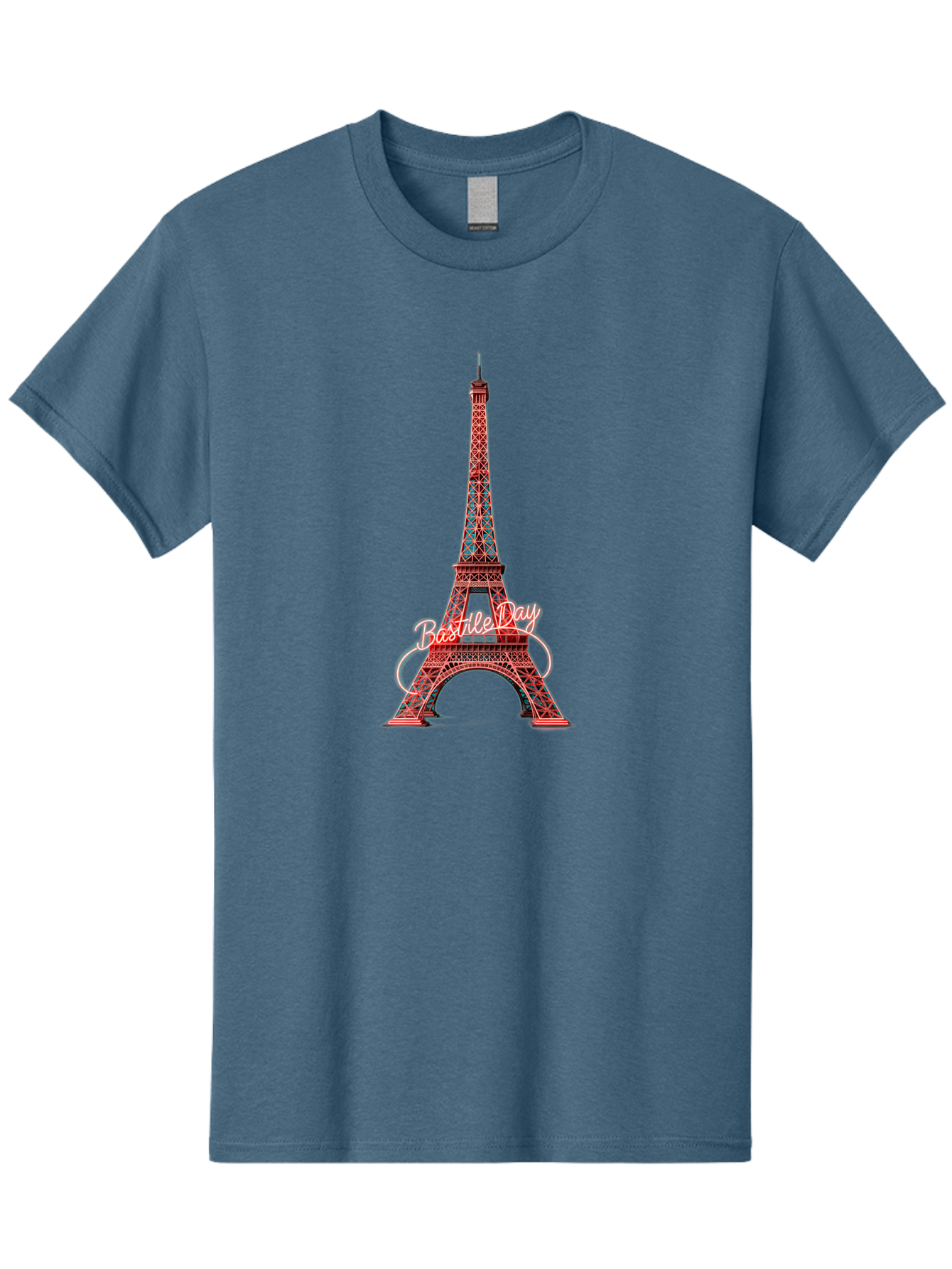Bastille-Day-Eiffel-Tower Men'S Graphic Tee, 100% Cotton, Comfortable Casual Summer Wear, Machine Washable, Eiffel Tower, Red And Blue Lattice Design, Bastille Day, French Culture, Pink Cursive Text, White Swirls, Vibrant Colors, Bac619 13