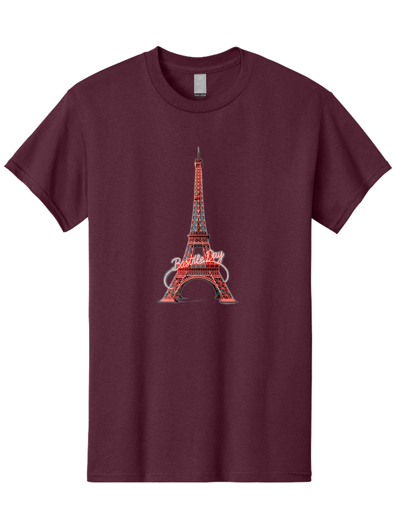 Bastille-Day-Eiffel-Tower Men'S Graphic Tee, 100% Cotton, Comfortable Casual Summer Wear, Machine Washable, Eiffel Tower, Red And Blue Lattice Design, Bastille Day, French Culture, Pink Cursive Text, White Swirls, Vibrant Colors, Bac619 6
