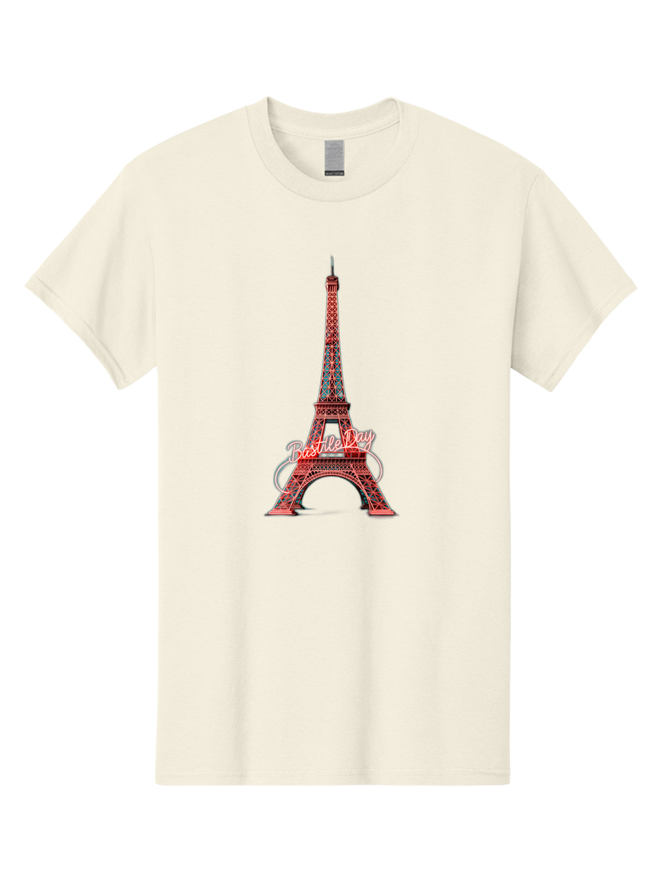 Bastille-Day-Eiffel-Tower Men'S Graphic Tee, 100% Cotton, Comfortable Casual Summer Wear, Machine Washable, Eiffel Tower, Red And Blue Lattice Design, Bastille Day, French Culture, Pink Cursive Text, White Swirls, Vibrant Colors, Bac619 4