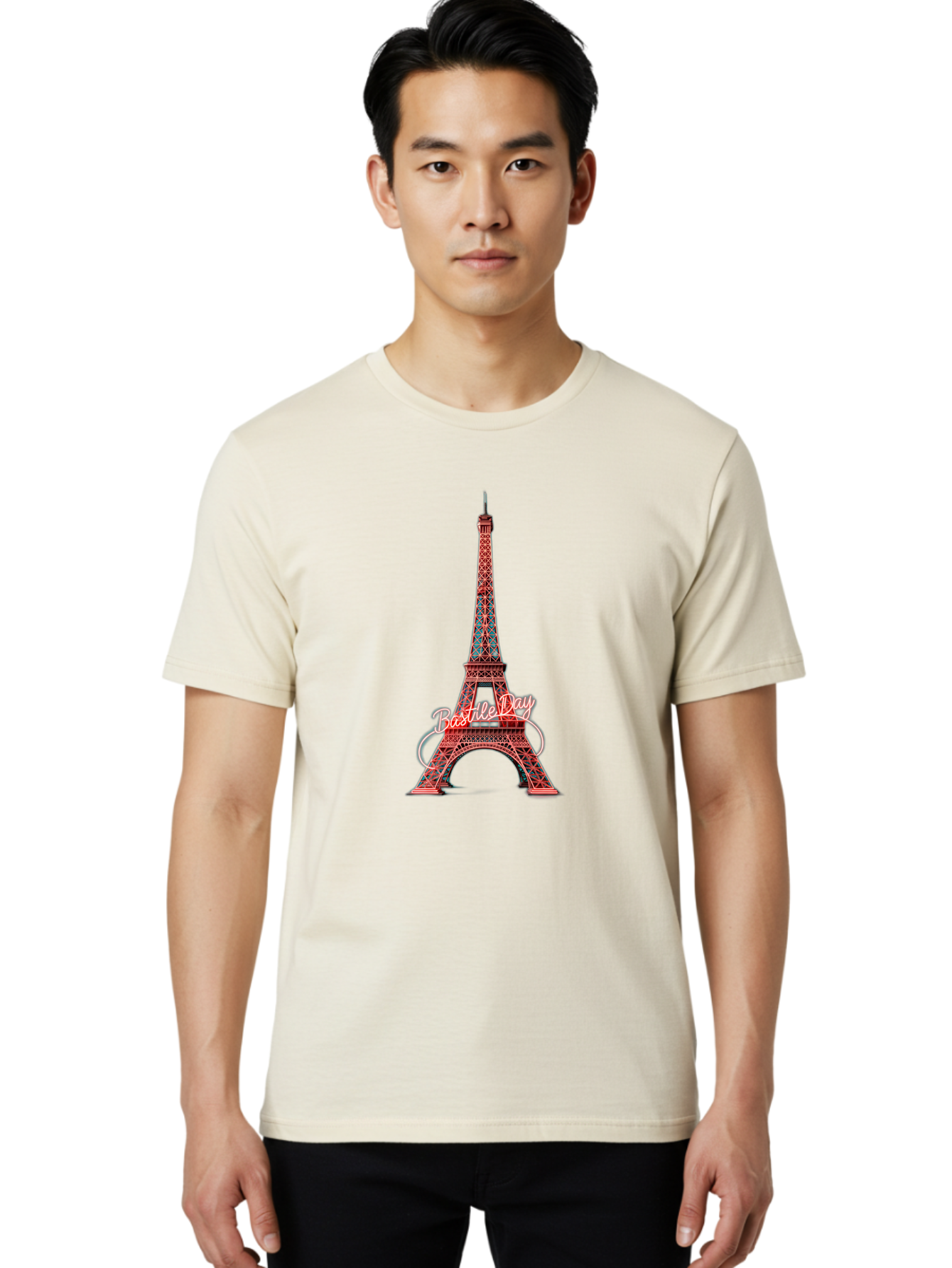 Bastille-Day-Eiffel-Tower Men'S Graphic Tee, 100% Cotton, Comfortable Casual Summer Wear, Machine Washable, Eiffel Tower, Red And Blue Lattice Design, Bastille Day, French Culture, Pink Cursive Text, White Swirls, Vibrant Colors, Bac619 19