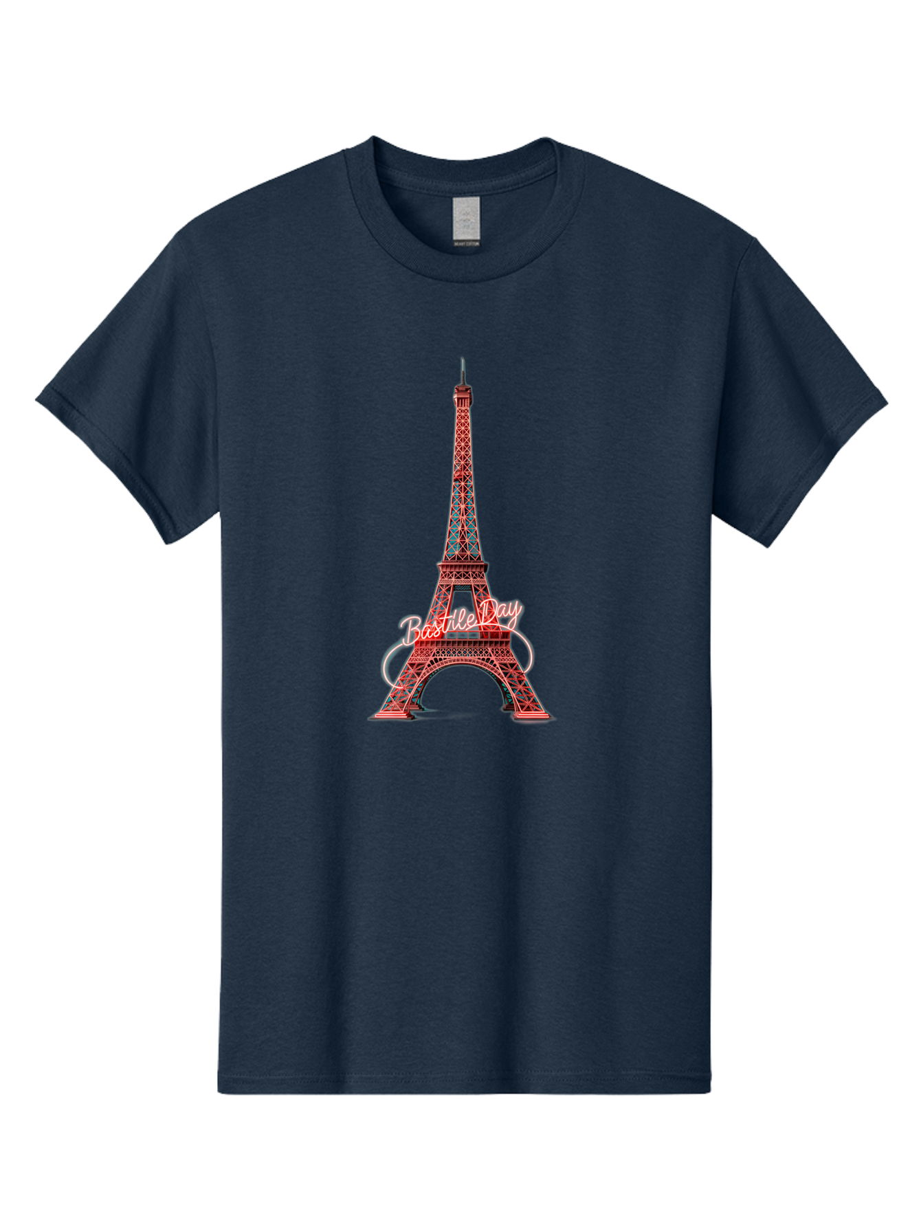 Bastille-Day-Eiffel-Tower Men'S Graphic Tee, 100% Cotton, Comfortable Casual Summer Wear, Machine Washable, Eiffel Tower, Red And Blue Lattice Design, Bastille Day, French Culture, Pink Cursive Text, White Swirls, Vibrant Colors, Bac619 7