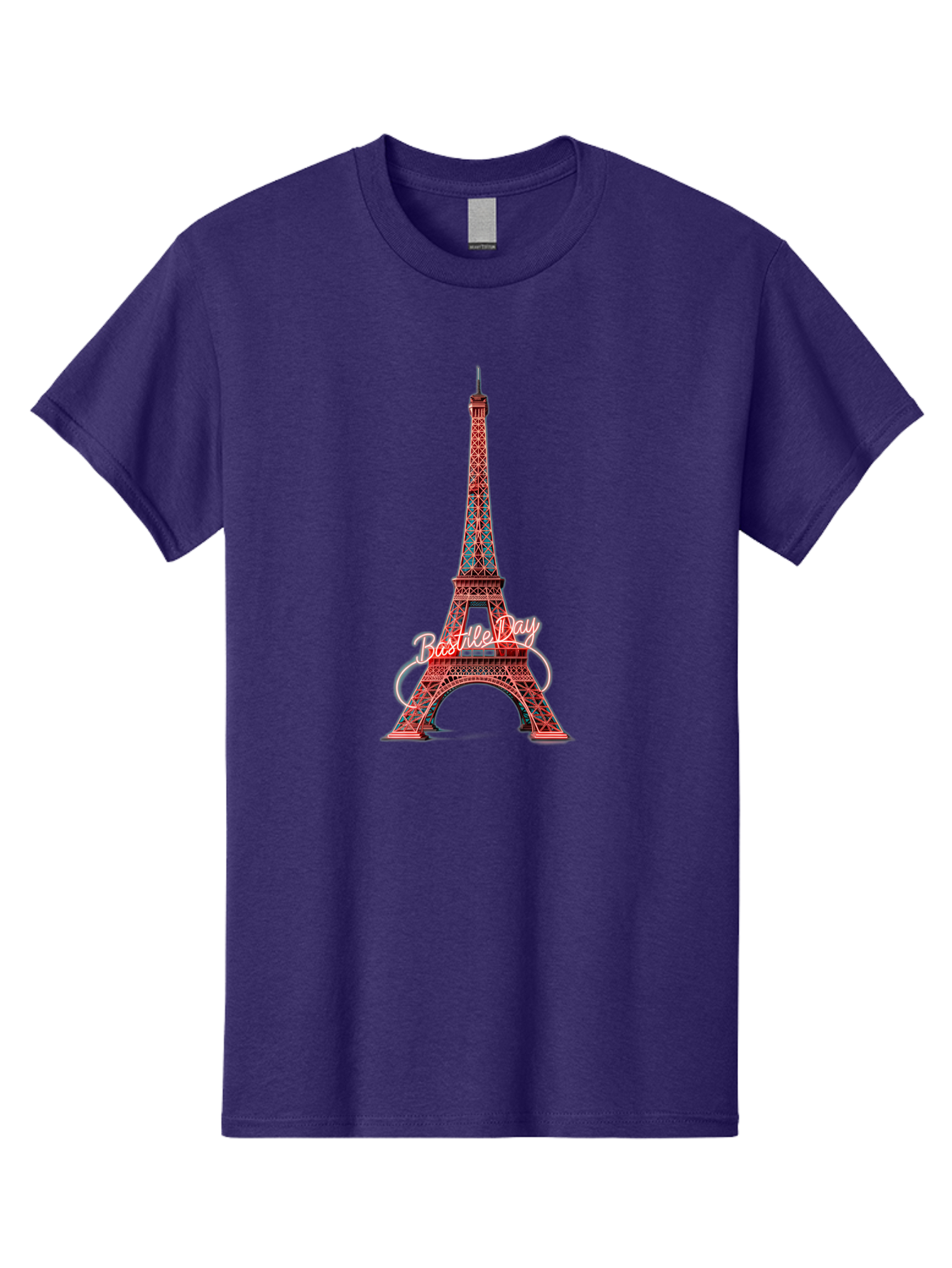 Bastille-Day-Eiffel-Tower Men'S Graphic Tee, 100% Cotton, Comfortable Casual Summer Wear, Machine Washable, Eiffel Tower, Red And Blue Lattice Design, Bastille Day, French Culture, Pink Cursive Text, White Swirls, Vibrant Colors, Bac619 11