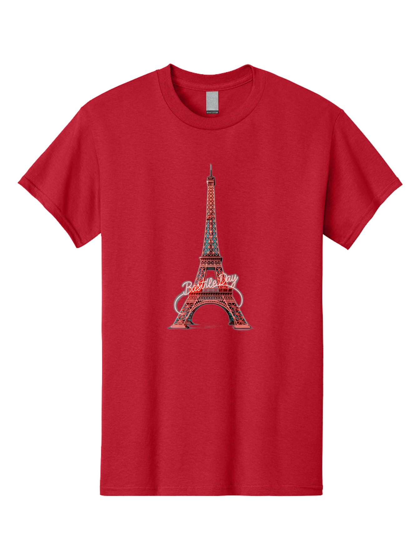 Bastille-Day-Eiffel-Tower Men'S Graphic Tee, 100% Cotton, Comfortable Casual Summer Wear, Machine Washable, Eiffel Tower, Red And Blue Lattice Design, Bastille Day, French Culture, Pink Cursive Text, White Swirls, Vibrant Colors, Bac619 15