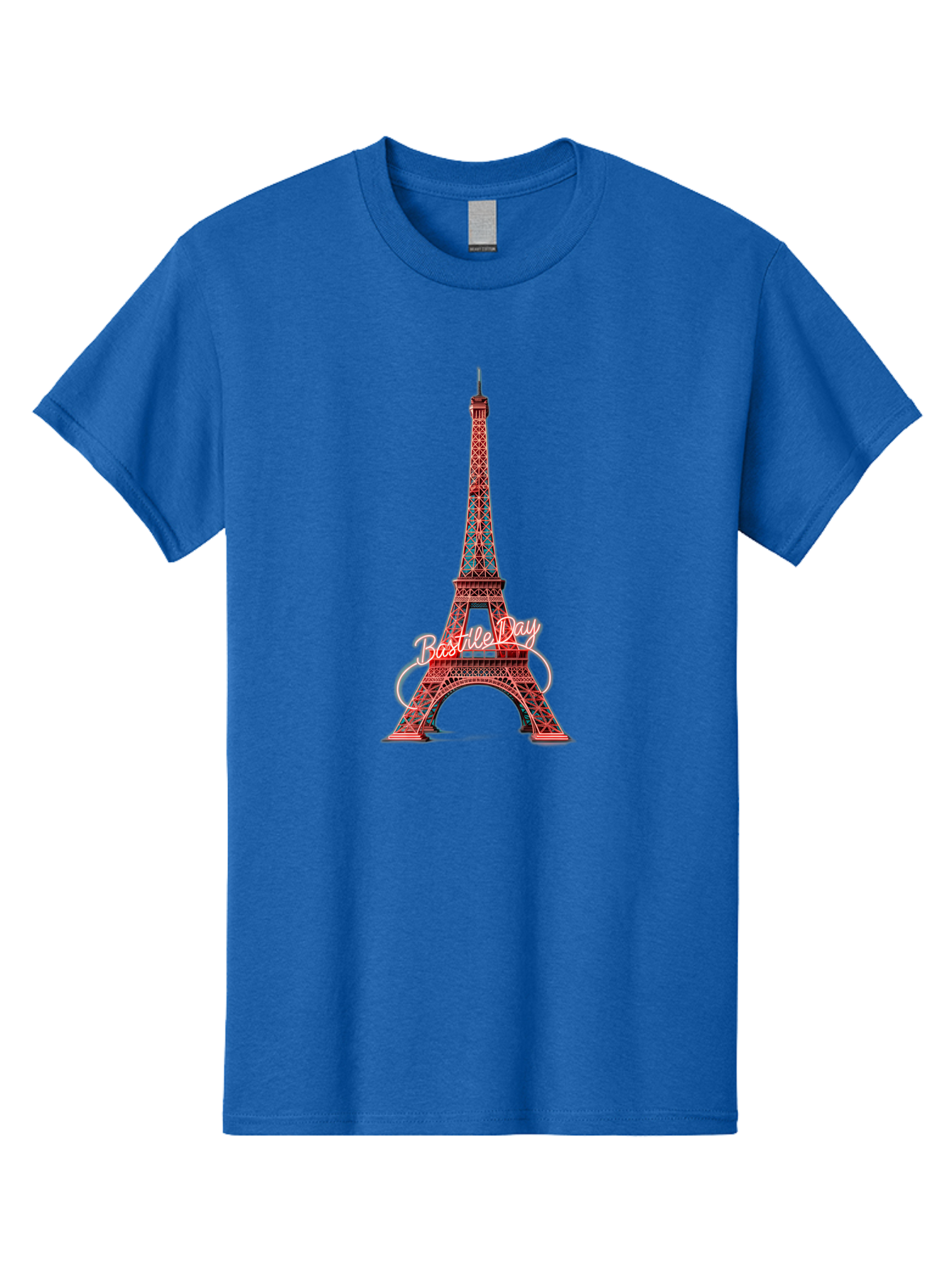Bastille-Day-Eiffel-Tower Men'S Graphic Tee, 100% Cotton, Comfortable Casual Summer Wear, Machine Washable, Eiffel Tower, Red And Blue Lattice Design, Bastille Day, French Culture, Pink Cursive Text, White Swirls, Vibrant Colors, Bac619 14