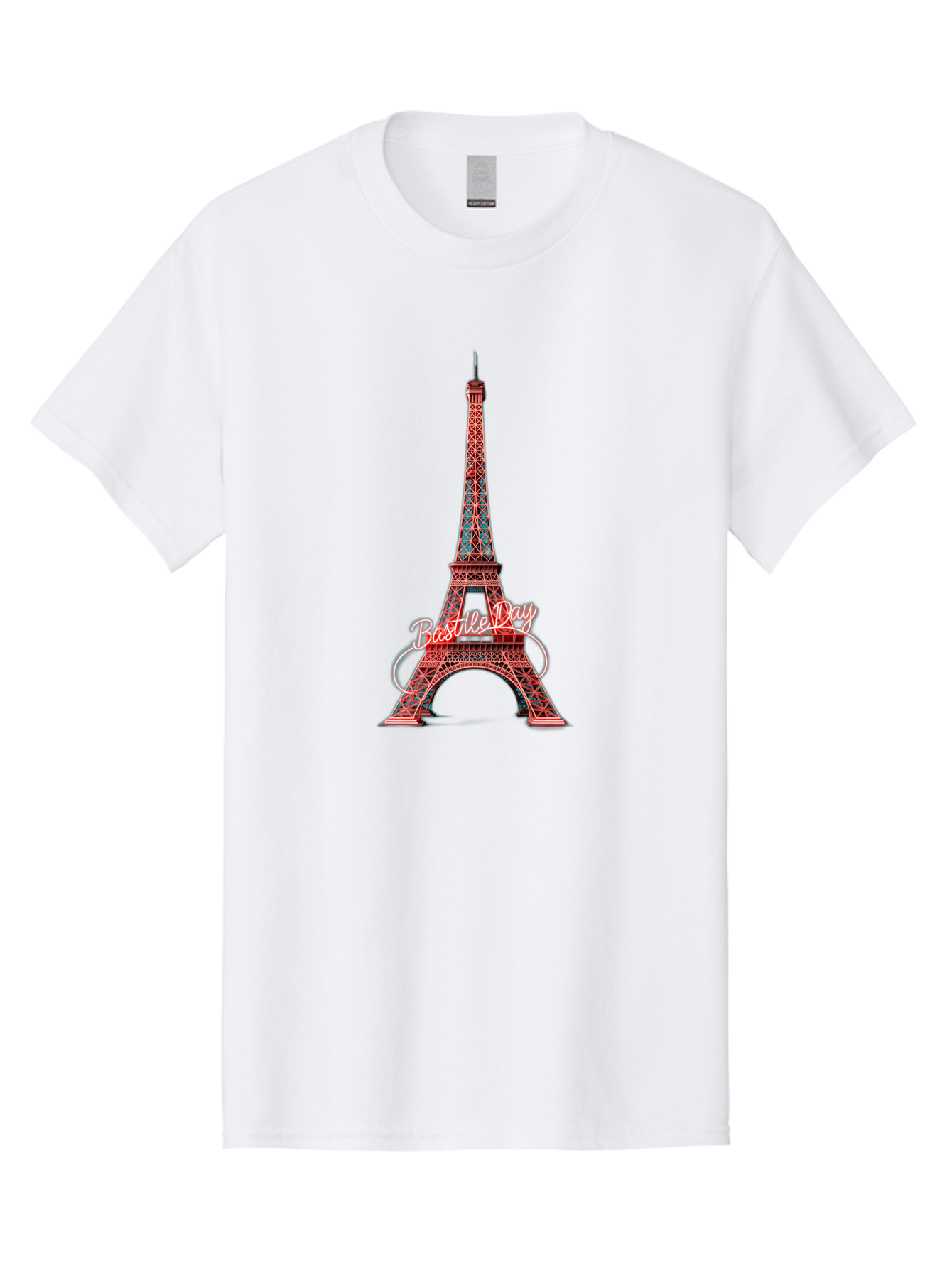 Bastille-Day-Eiffel-Tower Men'S Graphic Tee, 100% Cotton, Comfortable Casual Summer Wear, Machine Washable, Eiffel Tower, Red And Blue Lattice Design, Bastille Day, French Culture, Pink Cursive Text, White Swirls, Vibrant Colors, Bac619 5