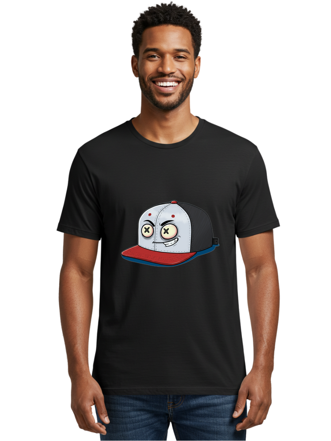 Black-White-Red-Cap Men'S Graphic Tee, 100% Cotton, Comfortable Casual Summer Wear, Machine Washable, Cartoon Hat, Dead Eyes, Black And White Cap, Red Brim, Smiling Face, Quirky Character, Funny Design, Kawaii Style, Anime Influence, Bac635 23