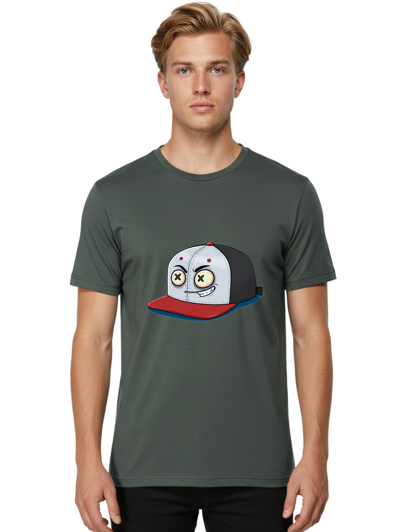 Black-White-Red-Cap Men'S Graphic Tee, 100% Cotton, Comfortable Casual Summer Wear, Machine Washable, Cartoon Hat, Dead Eyes, Black And White Cap, Red Brim, Smiling Face, Quirky Character, Funny Design, Kawaii Style, Anime Influence, Bac635 30