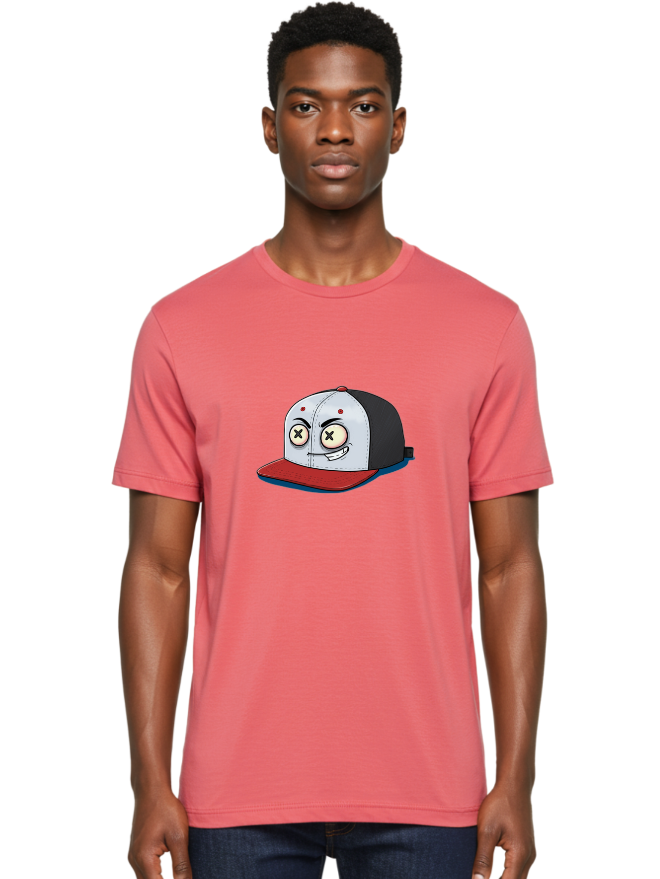 Black-White-Red-Cap Men'S Graphic Tee, 100% Cotton, Comfortable Casual Summer Wear, Machine Washable, Cartoon Hat, Dead Eyes, Black And White Cap, Red Brim, Smiling Face, Quirky Character, Funny Design, Kawaii Style, Anime Influence, Bac635 18