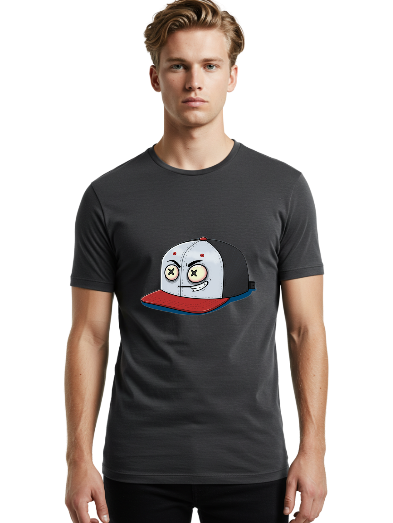 Black-White-Red-Cap Men'S Graphic Tee, 100% Cotton, Comfortable Casual Summer Wear, Machine Washable, Cartoon Hat, Dead Eyes, Black And White Cap, Red Brim, Smiling Face, Quirky Character, Funny Design, Kawaii Style, Anime Influence, Bac635 26