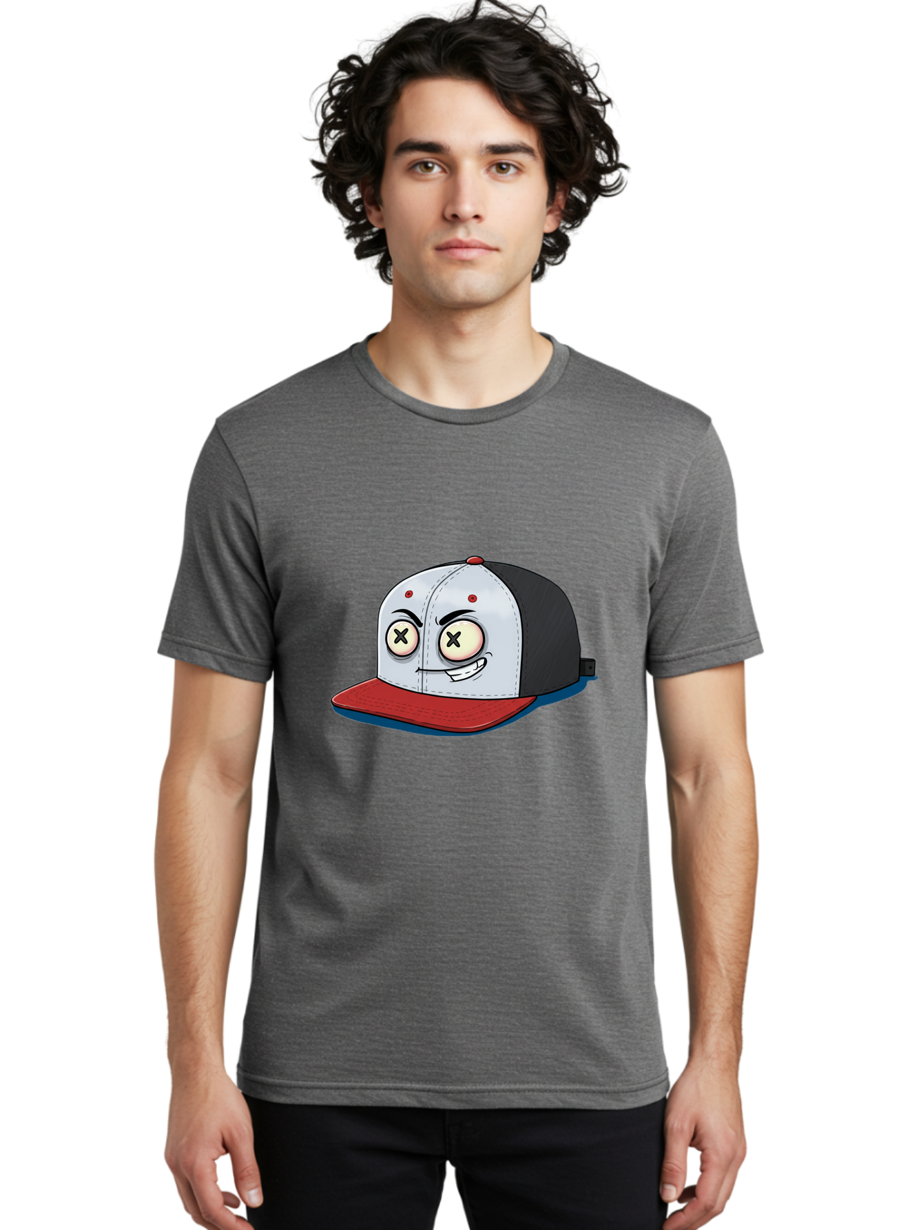 Black-White-Red-Cap Men'S Graphic Tee, 100% Cotton, Comfortable Casual Summer Wear, Machine Washable, Cartoon Hat, Dead Eyes, Black And White Cap, Red Brim, Smiling Face, Quirky Character, Funny Design, Kawaii Style, Anime Influence, Bac635 22