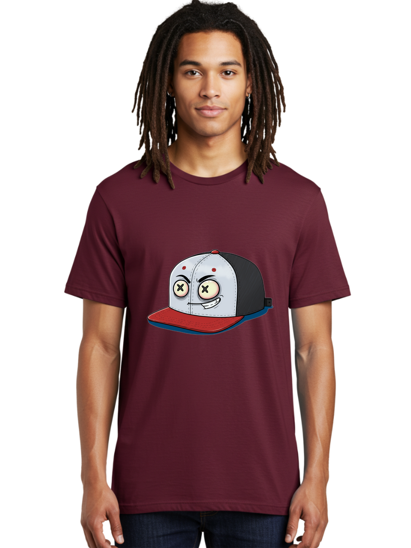 Black-White-Red-Cap Men'S Graphic Tee, 100% Cotton, Comfortable Casual Summer Wear, Machine Washable, Cartoon Hat, Dead Eyes, Black And White Cap, Red Brim, Smiling Face, Quirky Character, Funny Design, Kawaii Style, Anime Influence, Bac635 21