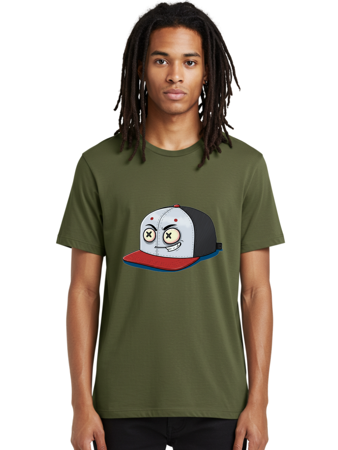 Black-White-Red-Cap Men'S Graphic Tee, 100% Cotton, Comfortable Casual Summer Wear, Machine Washable, Cartoon Hat, Dead Eyes, Black And White Cap, Red Brim, Smiling Face, Quirky Character, Funny Design, Kawaii Style, Anime Influence, Bac635 24