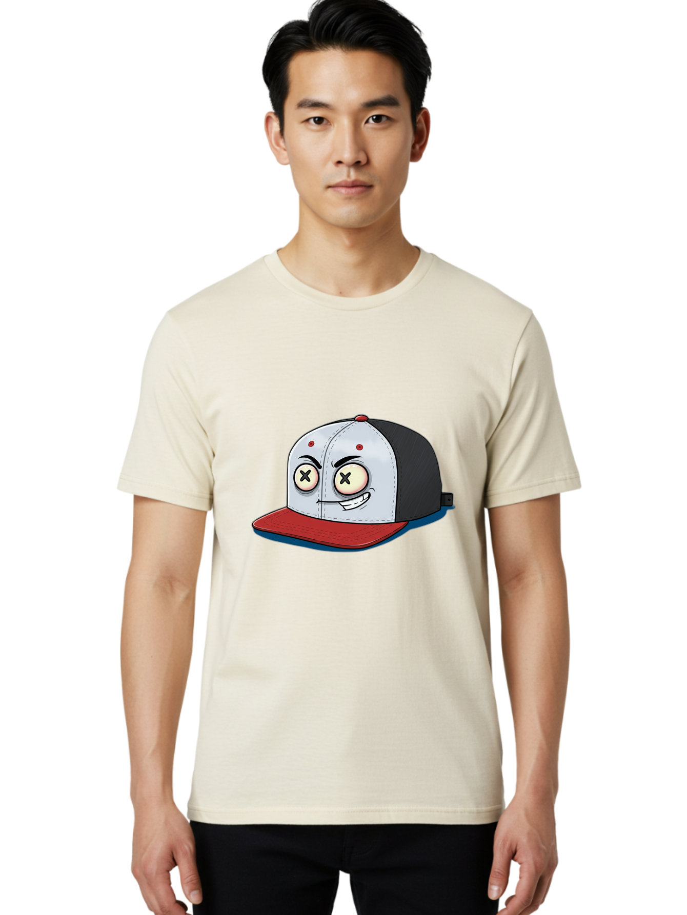 Black-White-Red-Cap Men'S Graphic Tee, 100% Cotton, Comfortable Casual Summer Wear, Machine Washable, Cartoon Hat, Dead Eyes, Black And White Cap, Red Brim, Smiling Face, Quirky Character, Funny Design, Kawaii Style, Anime Influence, Bac635 20