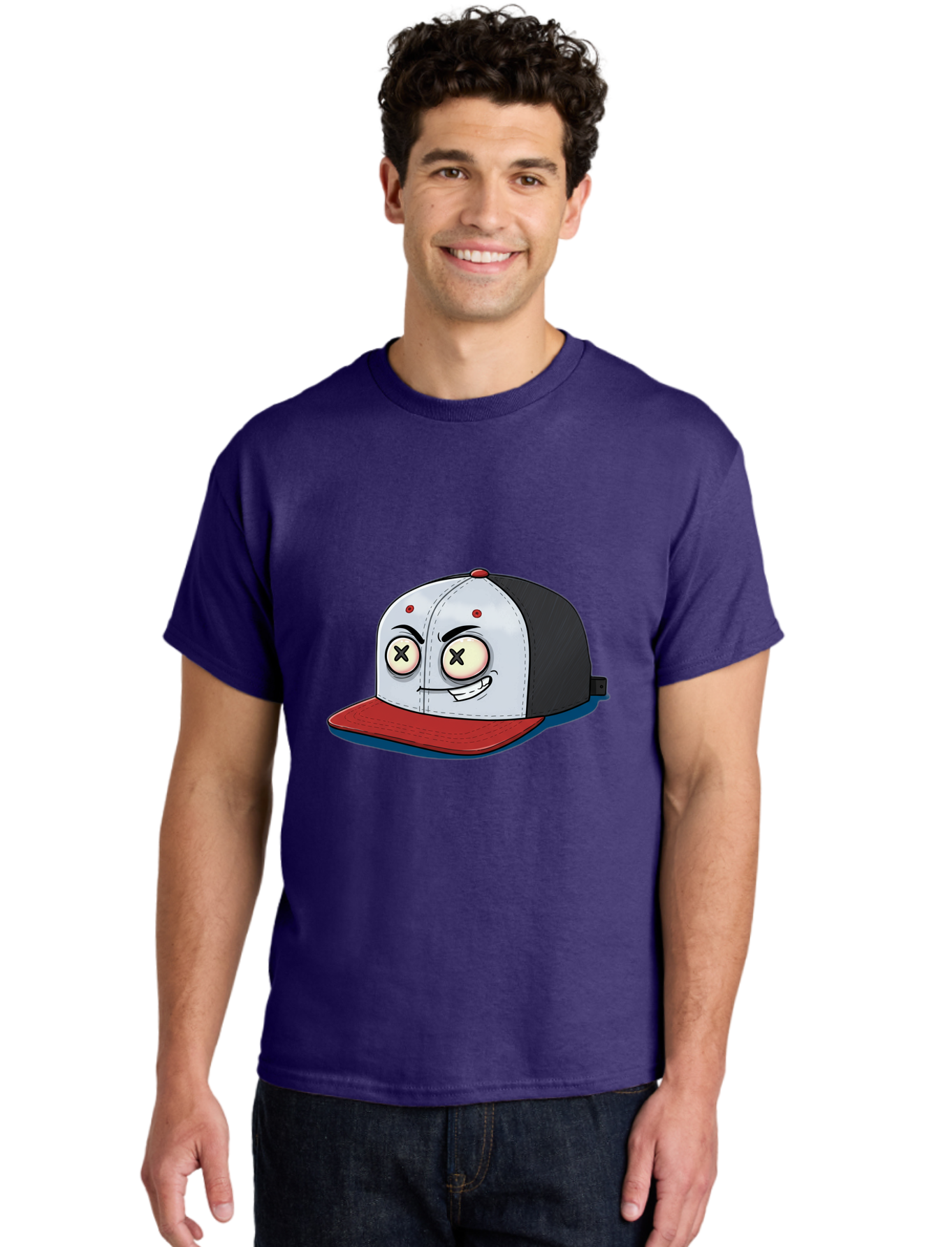 Black-White-Red-Cap Men'S Graphic Tee, 100% Cotton, Comfortable Casual Summer Wear, Machine Washable, Cartoon Hat, Dead Eyes, Black And White Cap, Red Brim, Smiling Face, Quirky Character, Funny Design, Kawaii Style, Anime Influence, Bac635 25