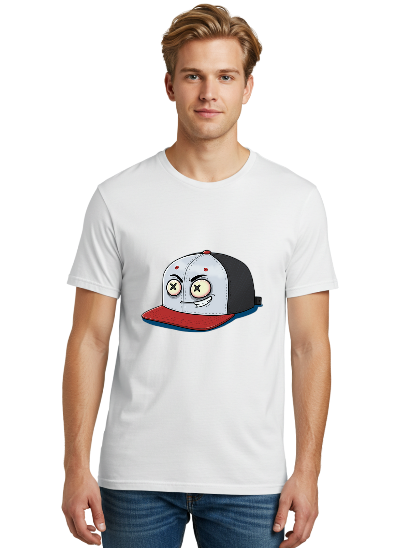 Black-White-Red-Cap Men'S Graphic Tee, 100% Cotton, Comfortable Casual Summer Wear, Machine Washable, Cartoon Hat, Dead Eyes, Black And White Cap, Red Brim, Smiling Face, Quirky Character, Funny Design, Kawaii Style, Anime Influence, Bac635 16