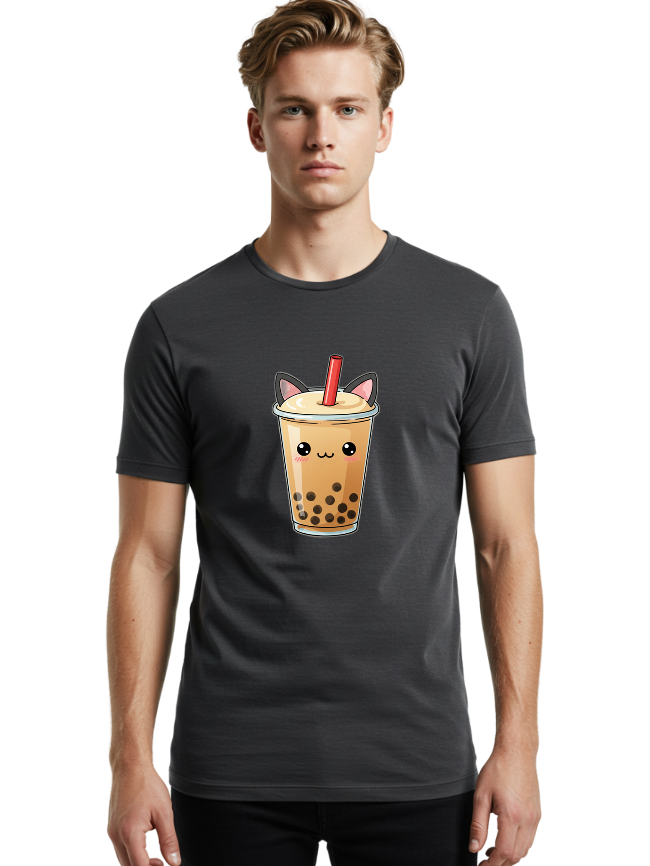 Boba-Cat Men'S Graphic Tee, 100% Cotton, Comfortable Casual Summer Wear, Machine Washable, Boba Tea, Milk Tea, Bubble Tea, Kawaii Culture, Cute Drink, Cartoon Character, Red Straw, Black Boba, Adorable Face, Anime Style, Tea Lover, Bac643 26