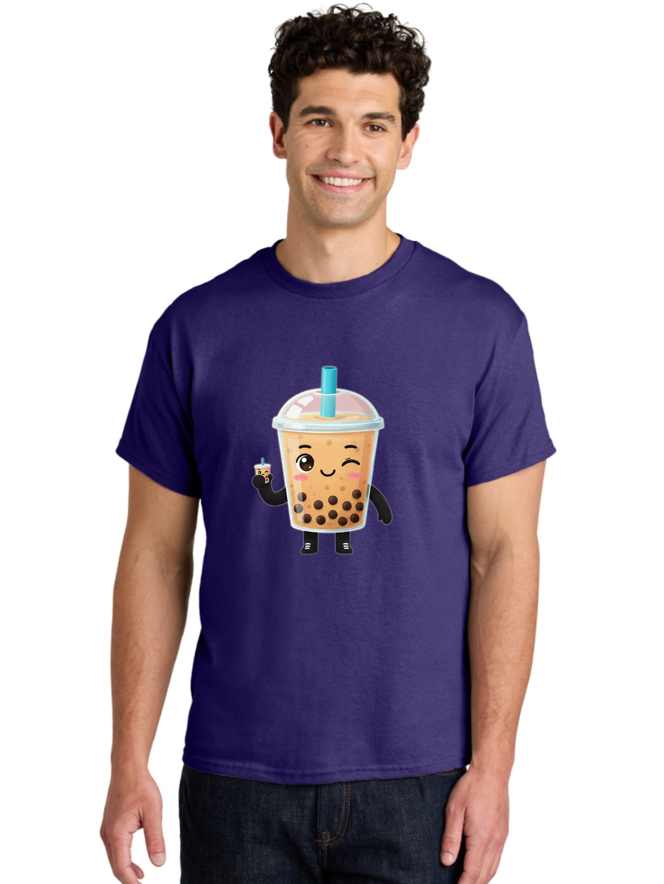 Boba-Character Men'S Graphic Tee, 100% Cotton, Comfortable Casual Summer Wear, Machine Washable, Boba Tea, Bubble Tea, Cute Character, Smiling Cup, Black Boba, Tea Drink, Beverage Character, Happy Face, Cartoon Style, Tea Lover Bac644 19