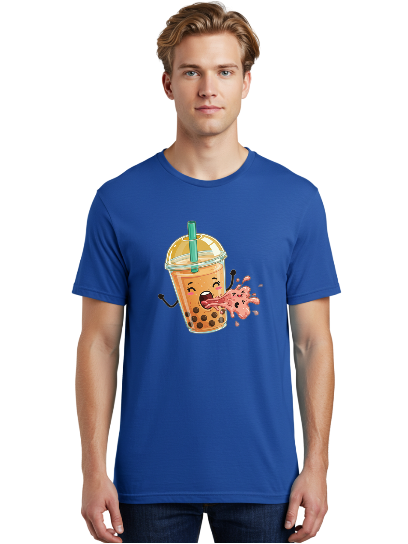 Boba-Face Men'S Graphic Tee, 100% Cotton, Comfortable Casual Summer Wear, Machine Washable, Cartoon Bubble Tea, Boba Drink, Spitting Tea, Cute Character, Funny Illustration, Kawaii Art, Tea Lover, Bubble Tea Lover, Straw, Boba, Milk Tea Bac647 29