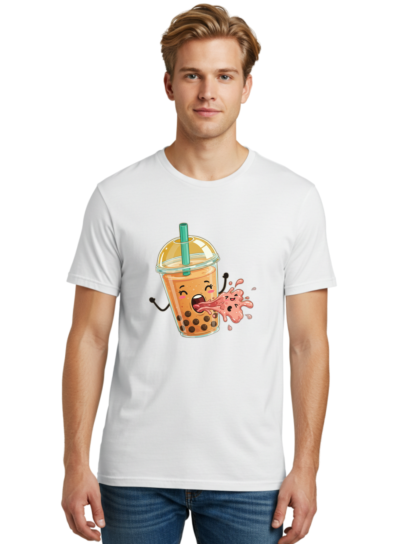 Boba-Face Men'S Graphic Tee, 100% Cotton, Comfortable Casual Summer Wear, Machine Washable, Cartoon Bubble Tea, Boba Drink, Spitting Tea, Cute Character, Funny Illustration, Kawaii Art, Tea Lover, Bubble Tea Lover, Straw, Boba, Milk Tea Bac647 22