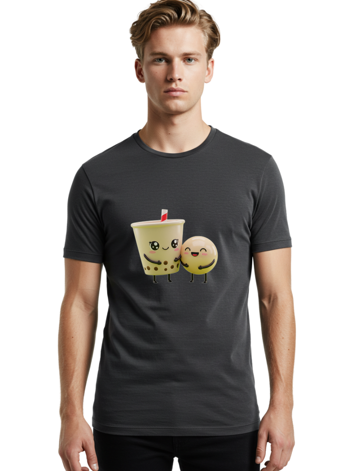Boba-Friends Men'S Graphic Tee, 100% Cotton, Comfortable Casual Summer Wear, Machine Washable, Boba Tea, Milk Tea, Cartoon Characters, Smiling Faces, Happy Boba, Tea Lovers, Bubble Tea, Cute Illustrations, Friendly Duo, Bubble Tea Culture, Bac648 18