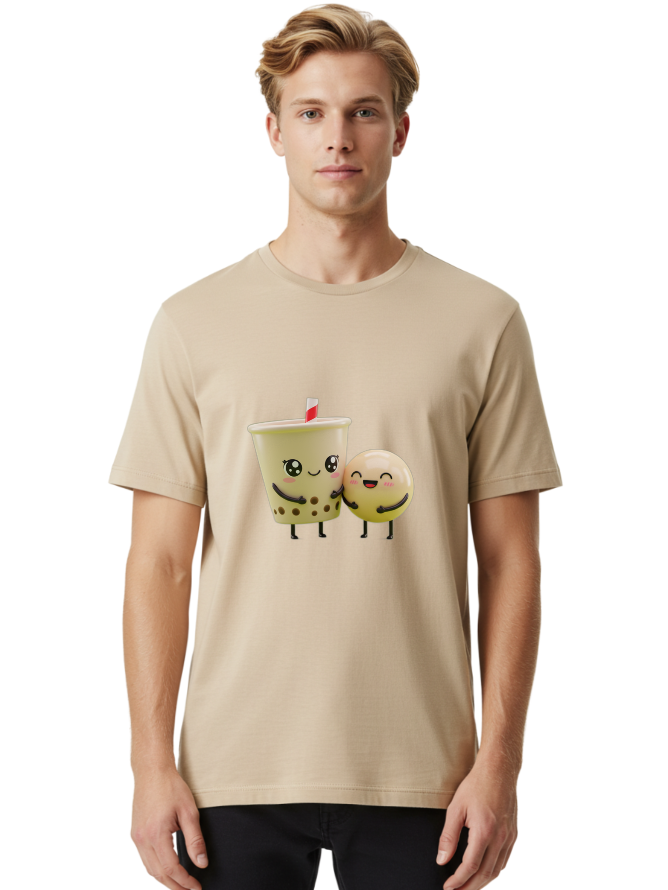 Boba-Friends Men'S Graphic Tee, 100% Cotton, Comfortable Casual Summer Wear, Machine Washable, Boba Tea, Milk Tea, Cartoon Characters, Smiling Faces, Happy Boba, Tea Lovers, Bubble Tea, Cute Illustrations, Friendly Duo, Bubble Tea Culture, Bac648 16