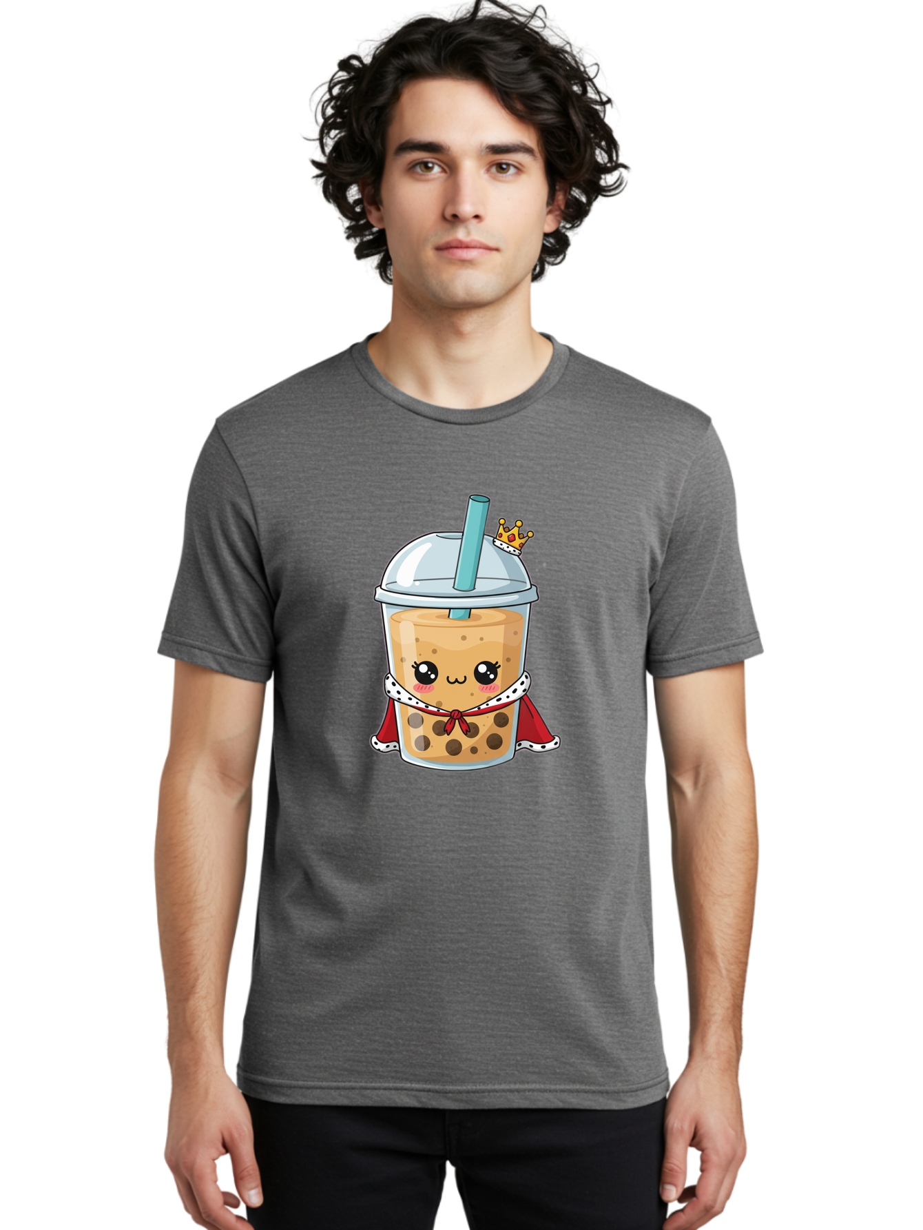 Boba-Tea-King Men'S Graphic Tee, 100% Cotton, Comfortable Casual Summer Wear, Machine Washable, Cute Boba Tea, Cartoon Character, Milk Tea, Bubble Tea, Boba Drink, Royal Crown, Red Cape, White Trim, Kawaii, Boba Lover, Tea Enthusiast Bac671 20