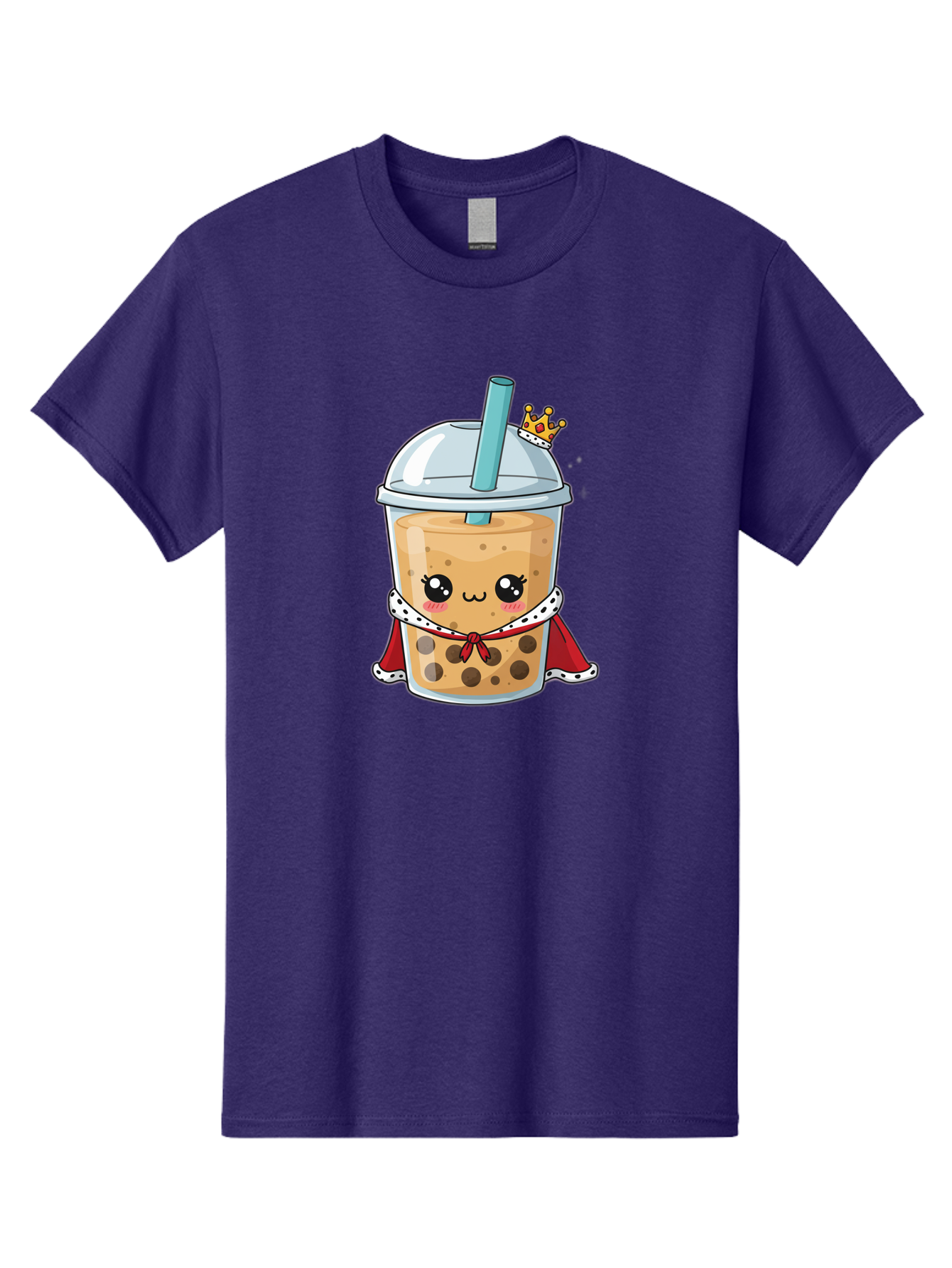 Boba-Tea-King Men'S Graphic Tee, 100% Cotton, Comfortable Casual Summer Wear, Machine Washable, Cute Boba Tea, Cartoon Character, Milk Tea, Bubble Tea, Boba Drink, Royal Crown, Red Cape, White Trim, Kawaii, Boba Lover, Tea Enthusiast Bac671 3