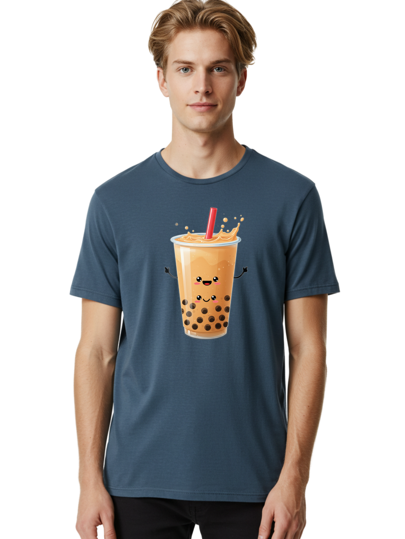 Bubble-Milk-Tea-4 Men'S Graphic Tee, 100% Cotton, Comfortable Casual Summer Wear, Machine Washable, Cartoon Bubble Tea, Boba Tea, Milk Tea, Kawaii Drink, Cute Beverage, Smiling Drink, Asian Drink Culture, Tea Lover Bac686 24