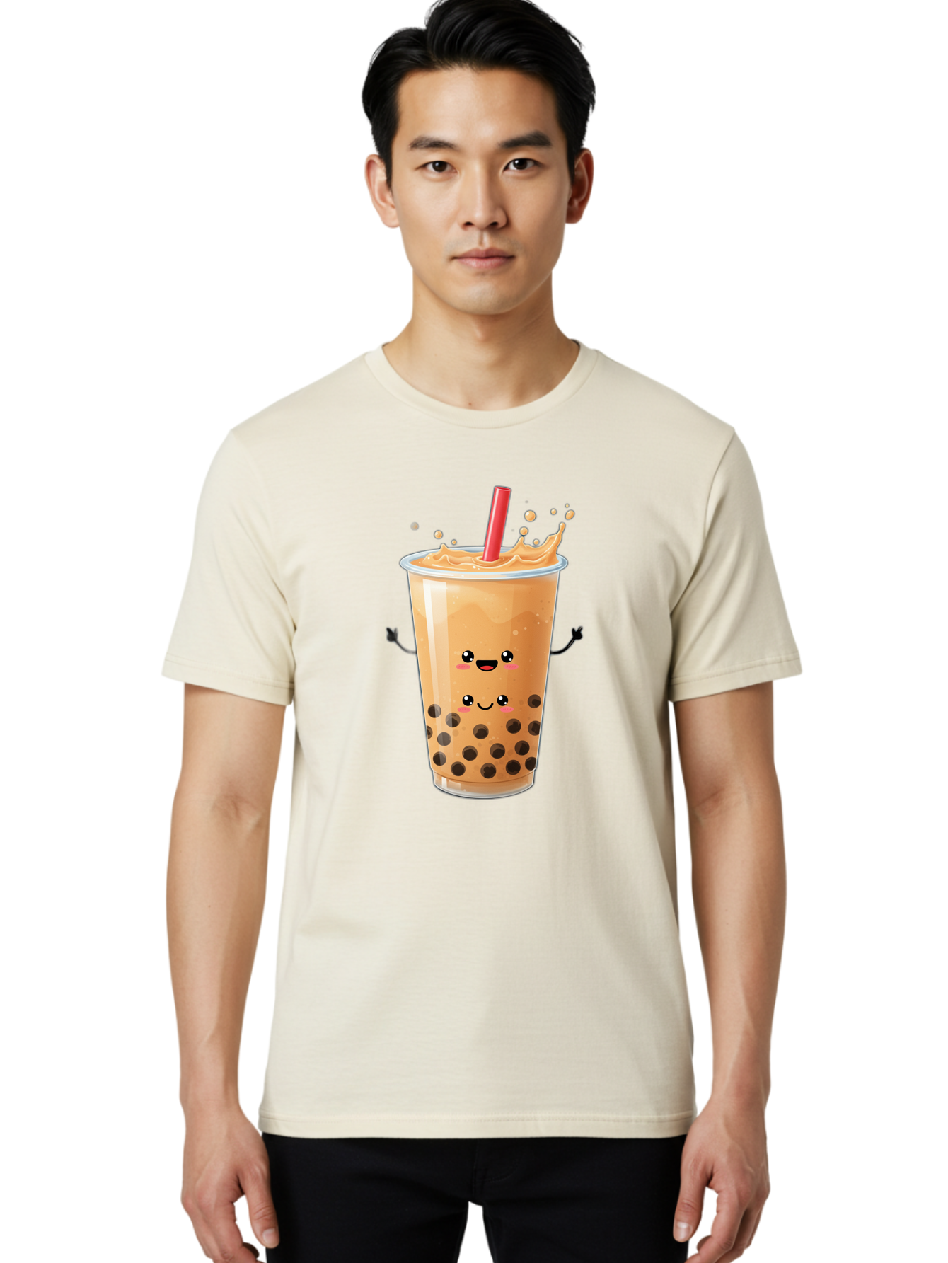 Bubble-Milk-Tea-4 Men'S Graphic Tee, 100% Cotton, Comfortable Casual Summer Wear, Machine Washable, Cartoon Bubble Tea, Boba Tea, Milk Tea, Kawaii Drink, Cute Beverage, Smiling Drink, Asian Drink Culture, Tea Lover Bac686 19
