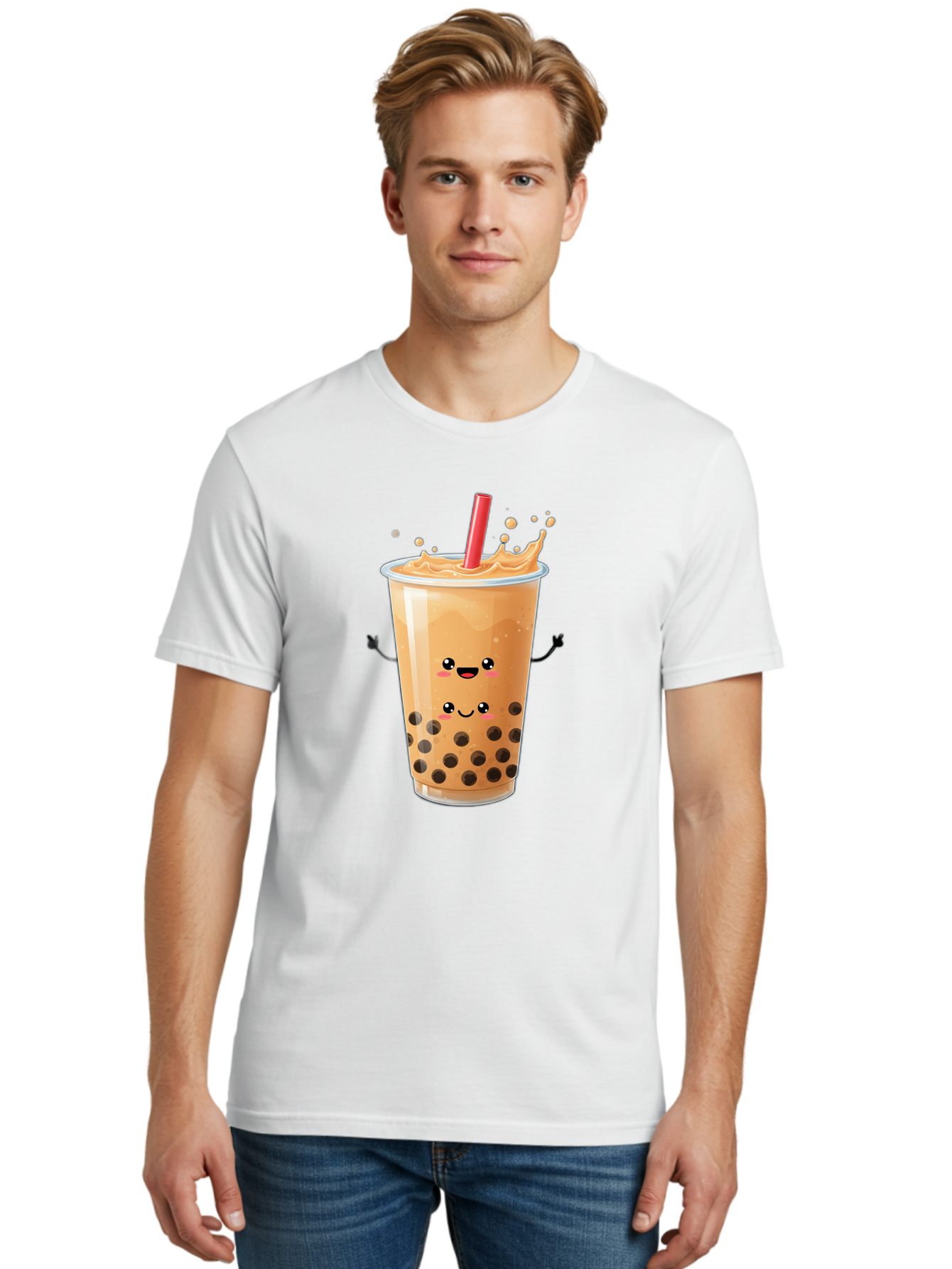 Bubble-Milk-Tea-4 Men'S Graphic Tee, 100% Cotton, Comfortable Casual Summer Wear, Machine Washable, Cartoon Bubble Tea, Boba Tea, Milk Tea, Kawaii Drink, Cute Beverage, Smiling Drink, Asian Drink Culture, Tea Lover Bac686 17