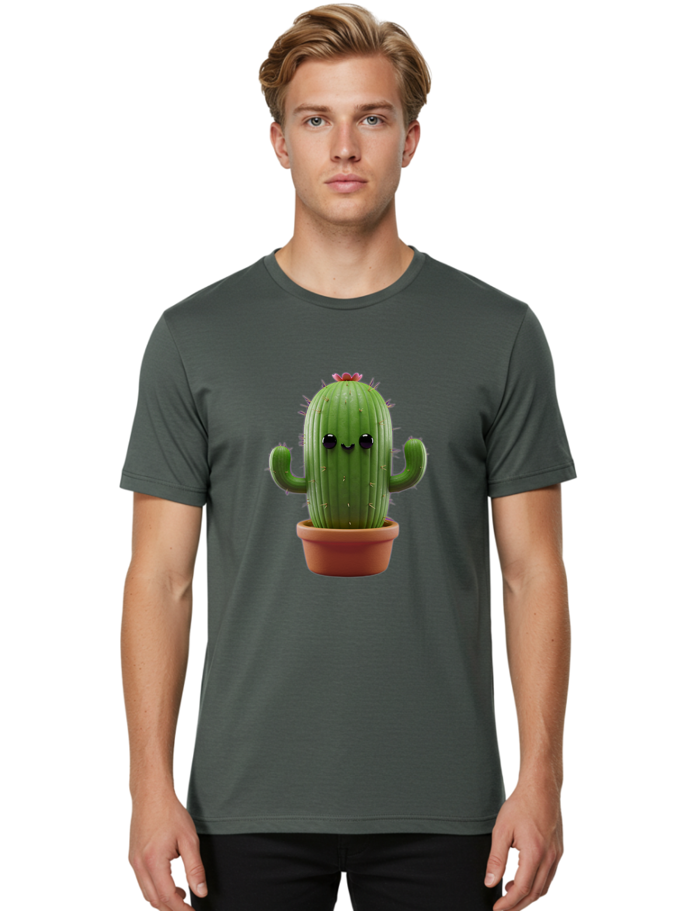 Cactus-4 Men'S Graphic Tee, 100% Cotton, Comfortable Casual Summer Wear, Machine Washable, Cute Cactus, Potted Plant, Cartoon Character, Desert Flora, Funny Face, Small Arms, Spiky Texture, Kawaii Style, Terracotta Pot, Digital Illustration Bac726 24
