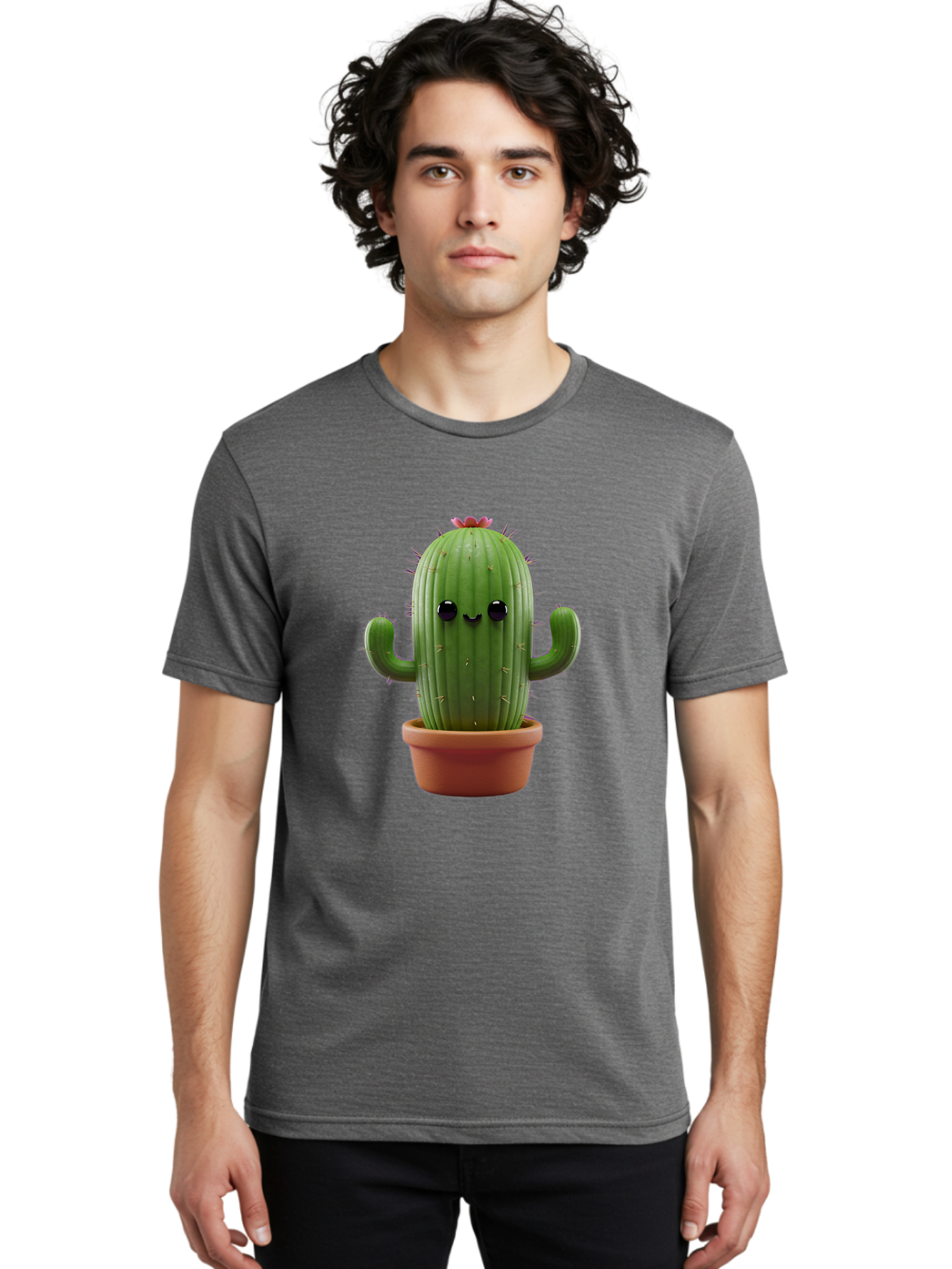 Cactus-4 Men'S Graphic Tee, 100% Cotton, Comfortable Casual Summer Wear, Machine Washable, Cute Cactus, Potted Plant, Cartoon Character, Desert Flora, Funny Face, Small Arms, Spiky Texture, Kawaii Style, Terracotta Pot, Digital Illustration Bac726 30