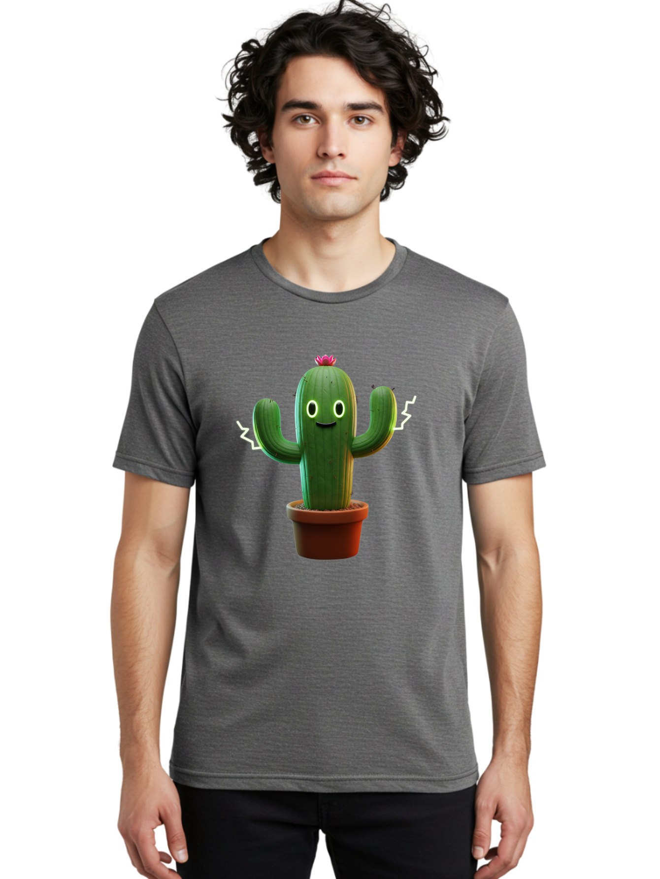 Cactus-6 Men'S Graphic Tee, 100% Cotton, Comfortable Casual Summer Wear, Machine Washable, Cartoon Cactus, Happy Cactus, Cactus Character, Potted Cactus, Desert Plant, Kawaii Cactus, Cactus With Face, Glowing Eyes, Cute Cactus, Funny Cactus Bac728 28